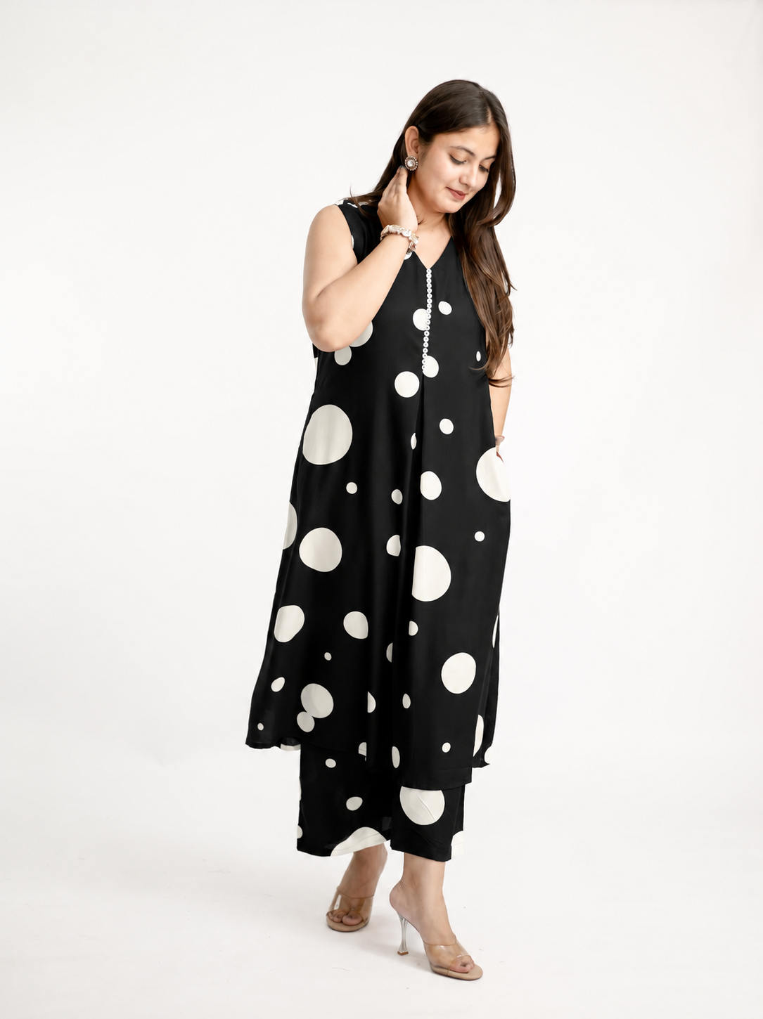 Laila Black Polka Rayon A-line Coord Set
