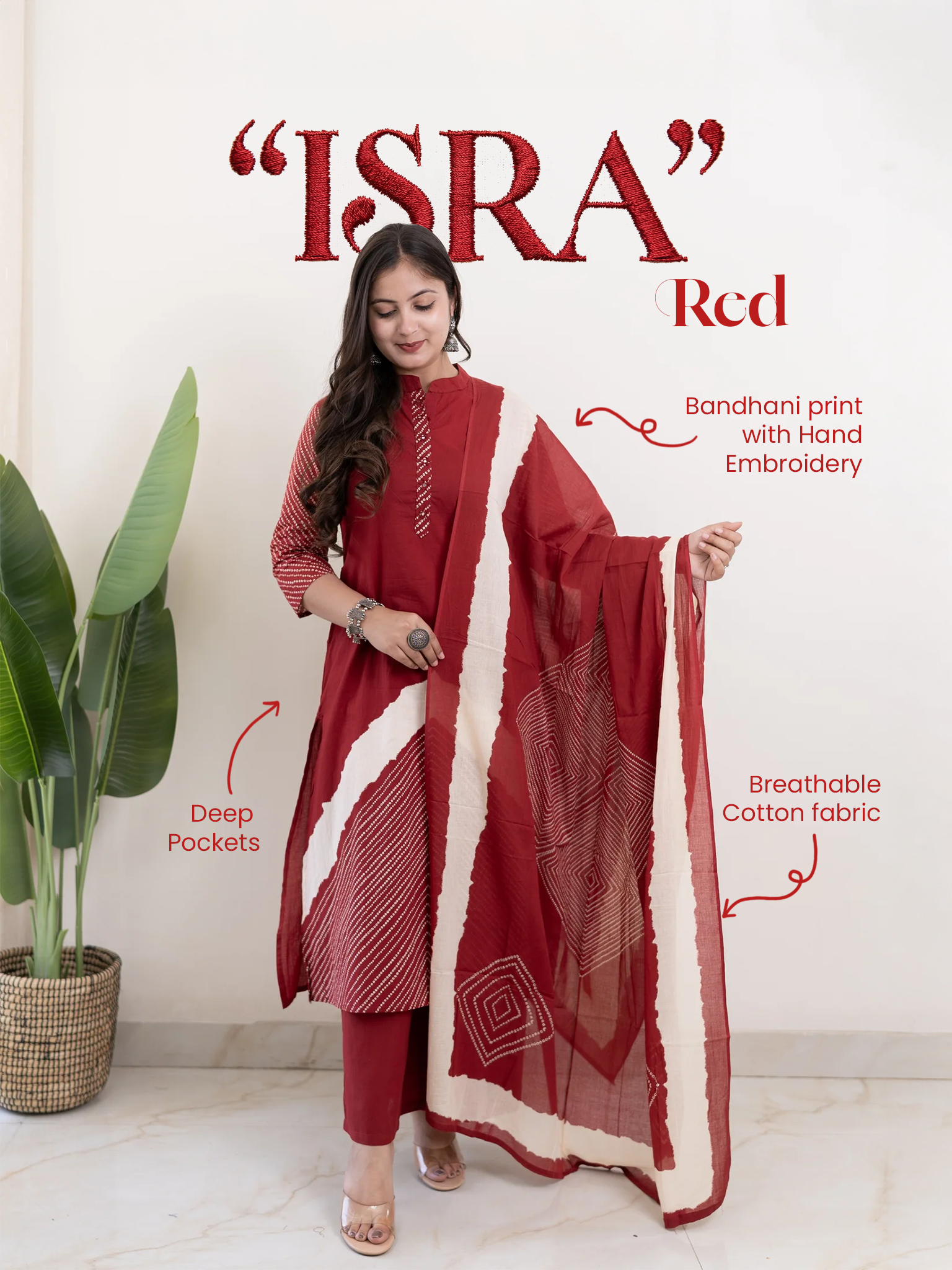 Isra Red Cotton Bandhani Straight Dupatta Set
