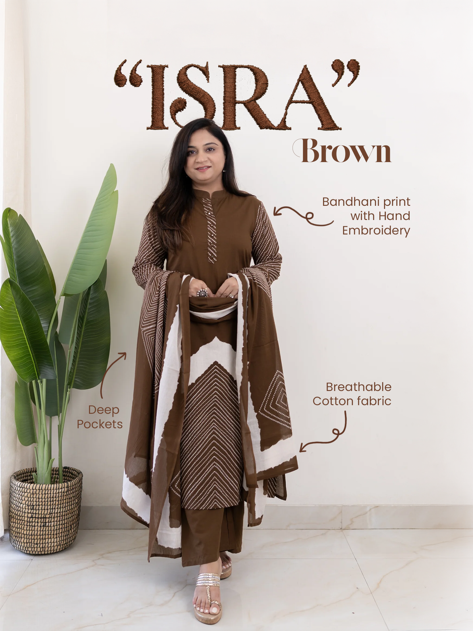 Isra Brown Cotton Bandhani Straight Dupatta Set