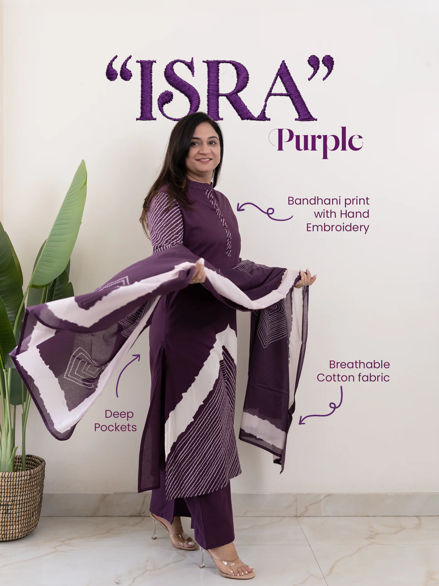 Isra Purple Cotton Bandhani Straight Dupatta Set