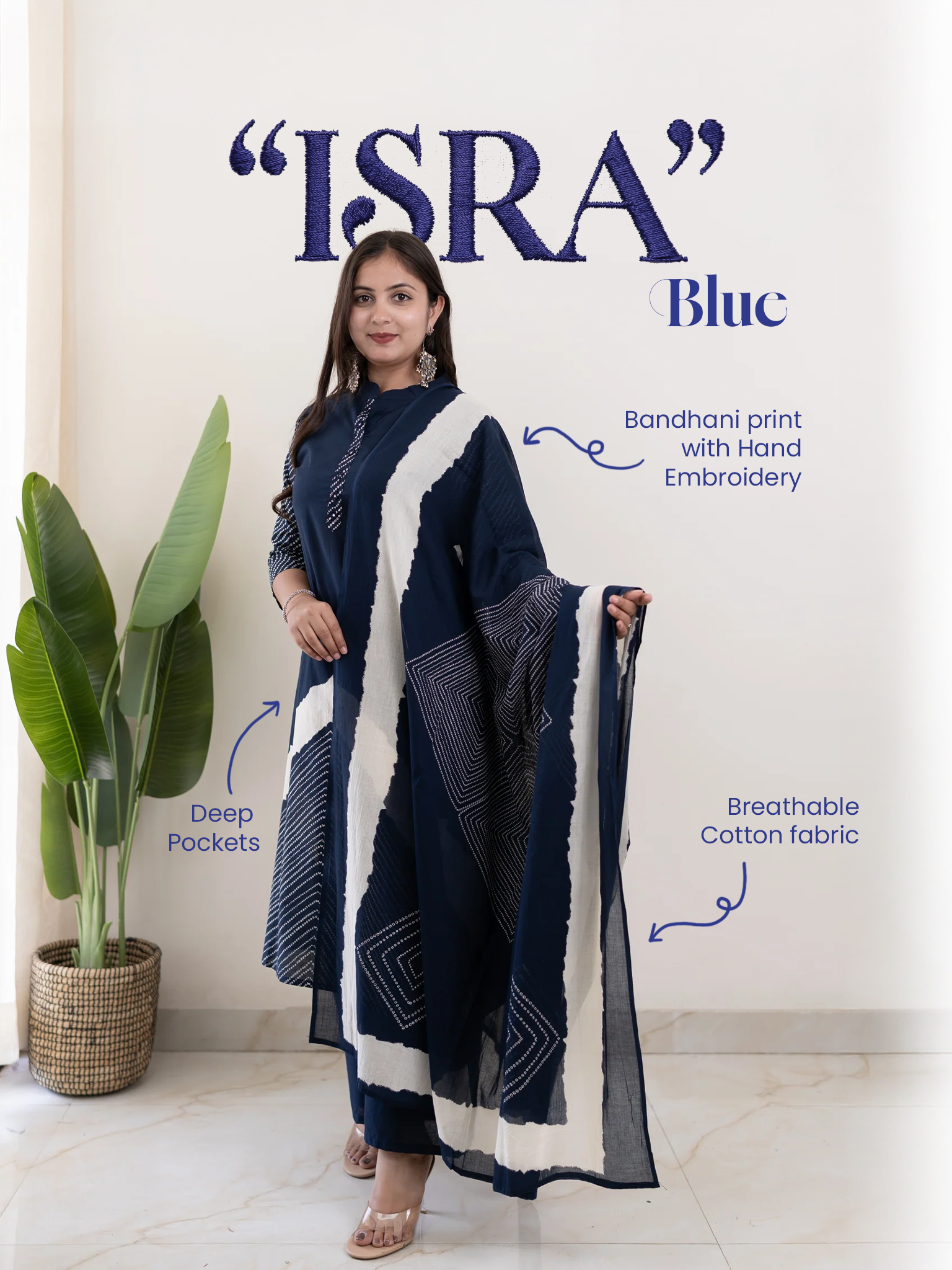 Isra Navy blue Cotton Bandhani Straight Dupatta Set