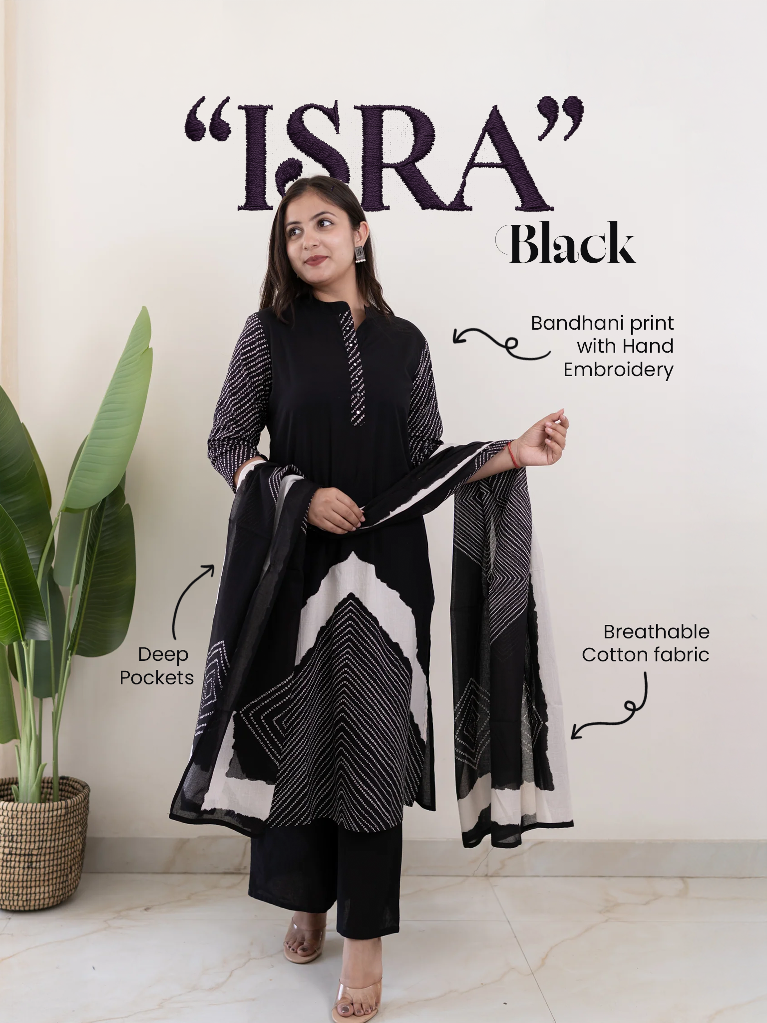 Isra Black Cotton Bandhani Straight Dupatta Set