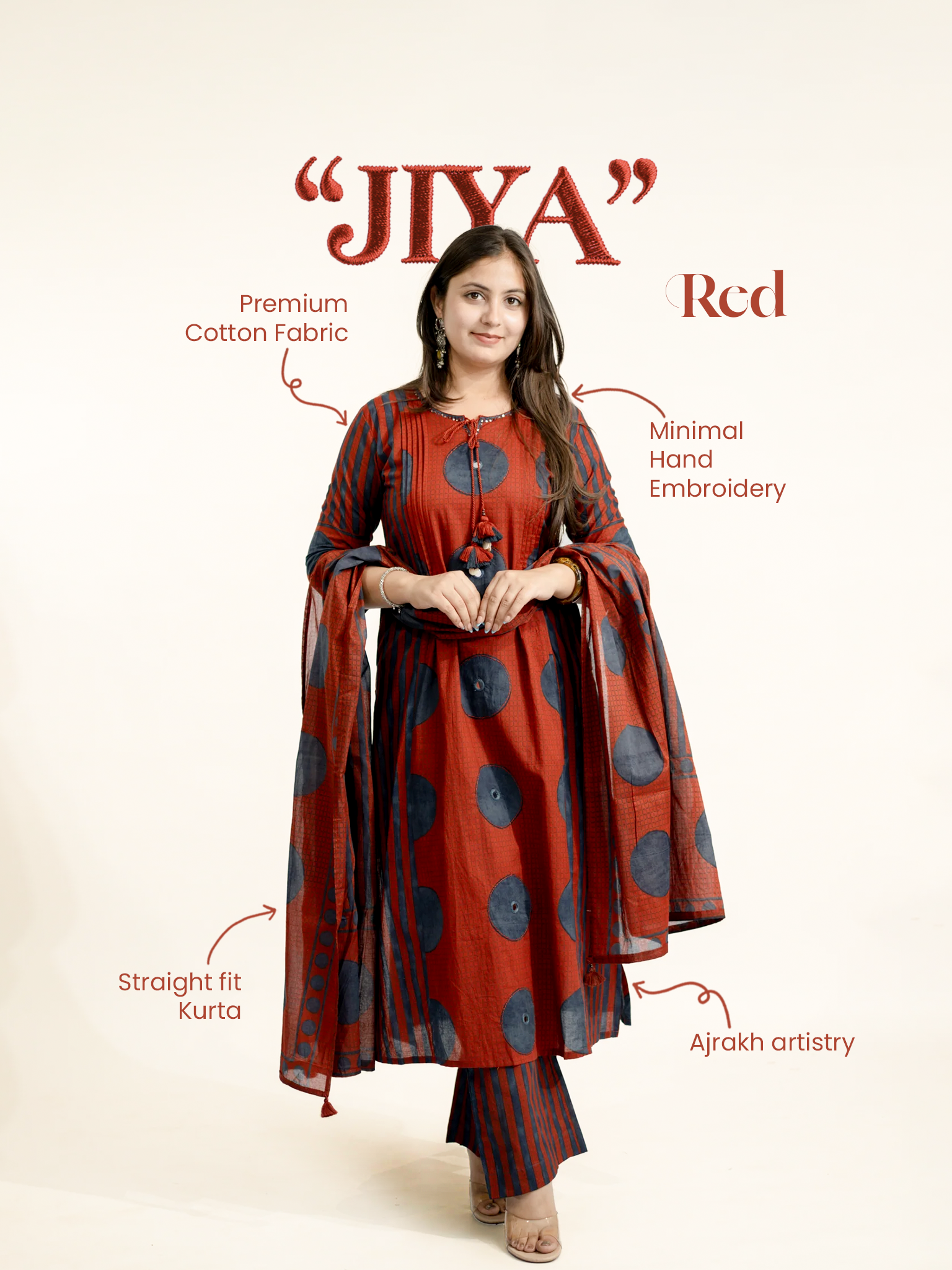 Jiya Red Cotton Ajrakh Straight Embroidered Dupatta Set