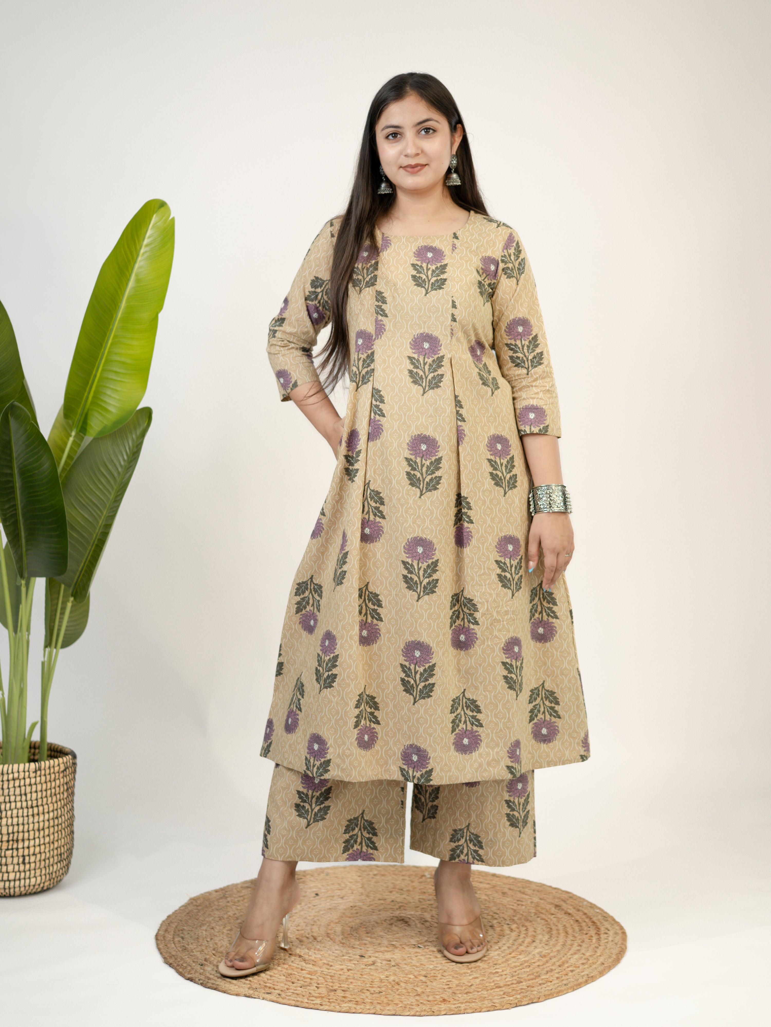 Ayaat Beige Cotton Floral Pleated A-line Kurta Set