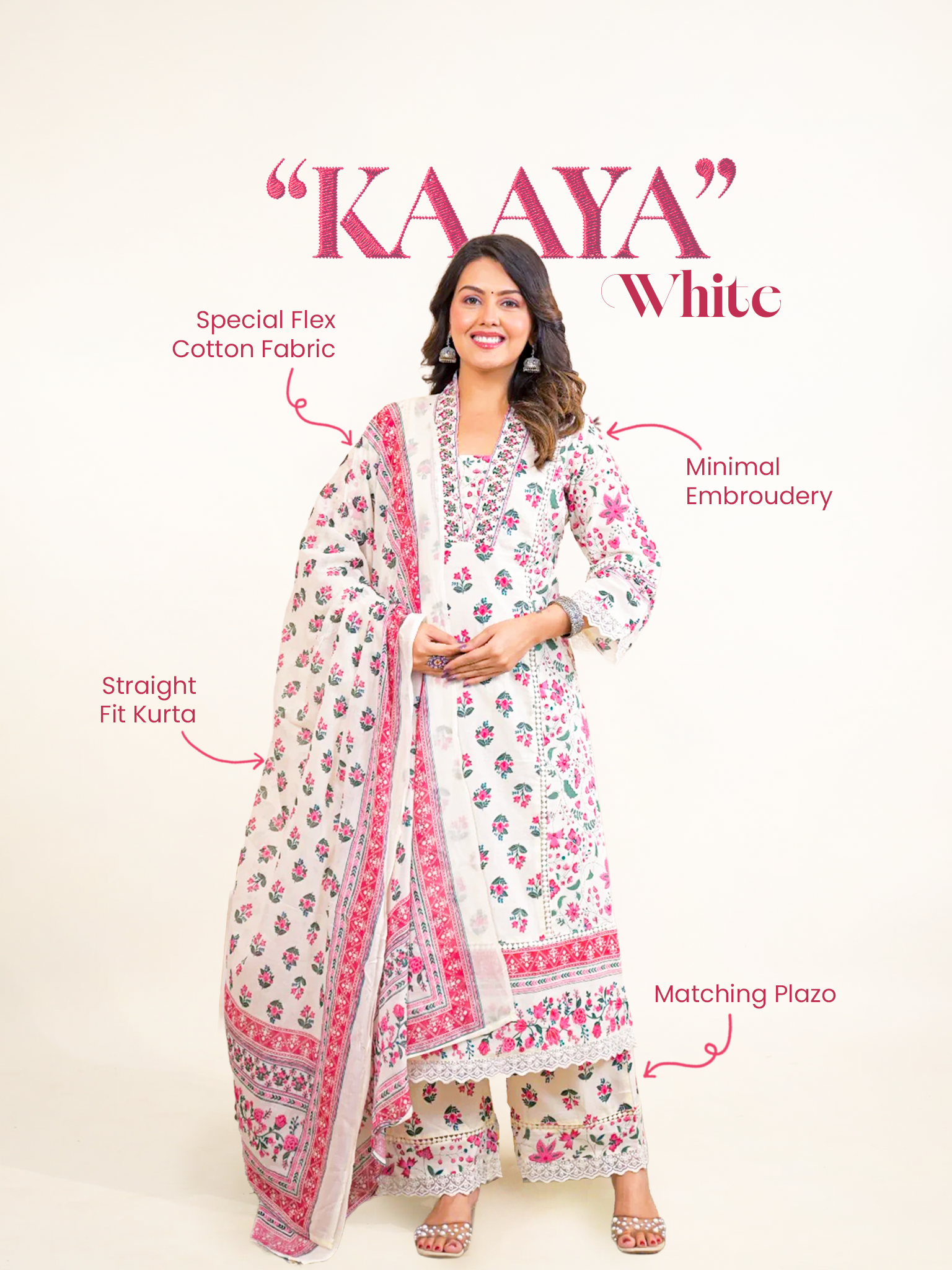 Kaaya White Pink Cotton Embroidered Dupatta Set