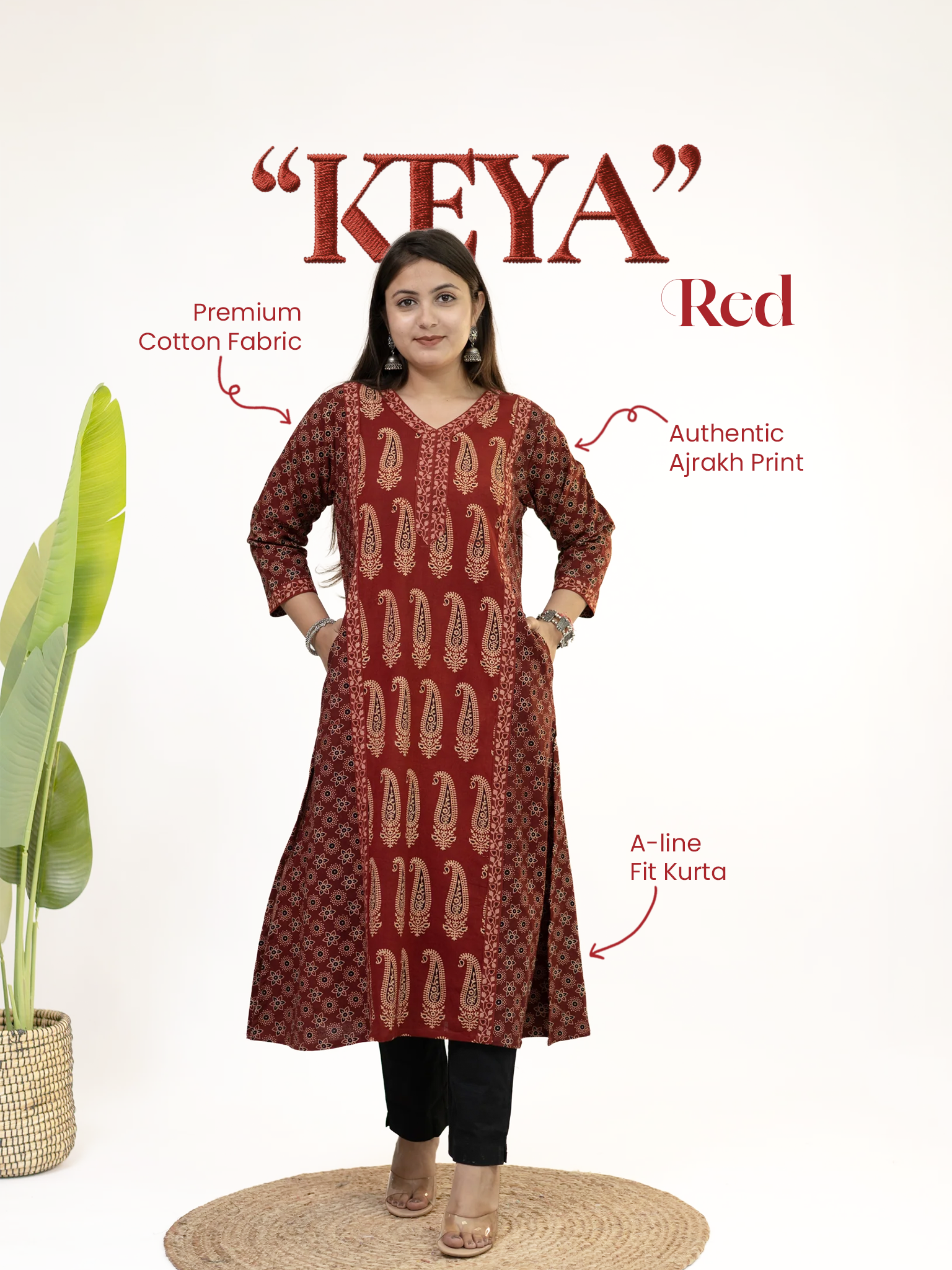 Keya Red Cotton Ajrakh Casual A-line Kurta