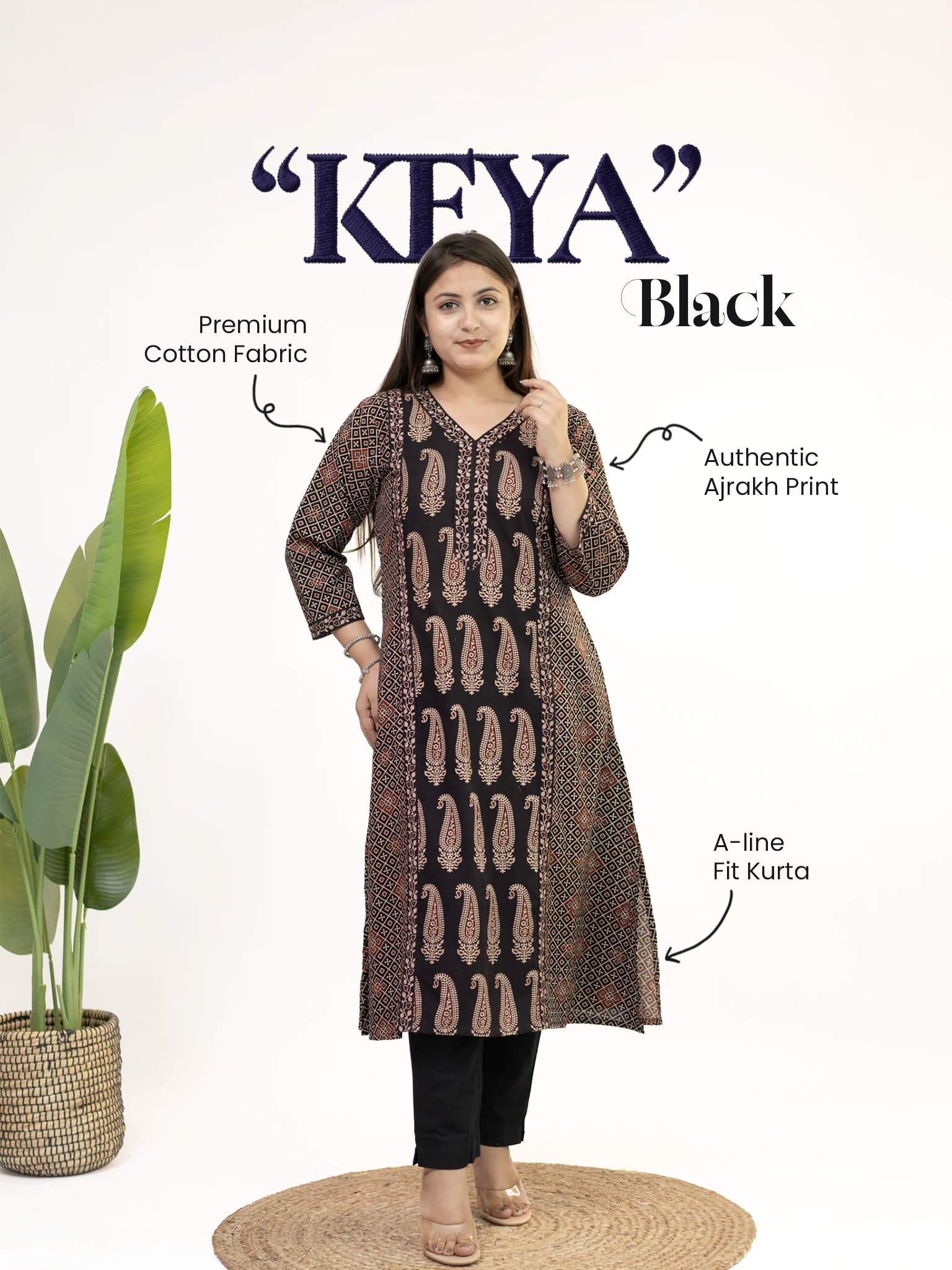 Keya Black Cotton Ajrakh Casual A-line Kurta