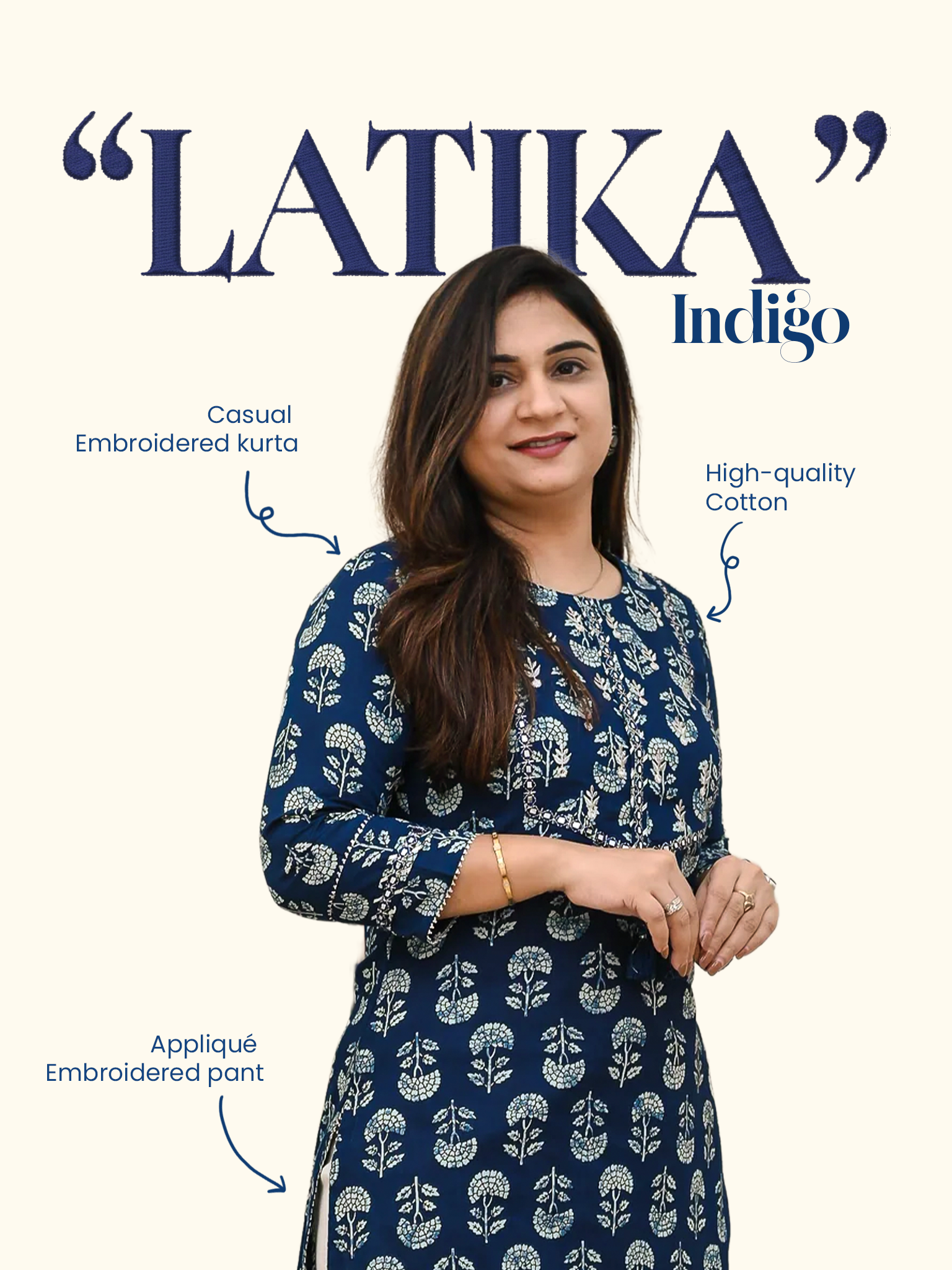 Latika Indigo Cotton Applique Embroidered Casual Pant Set - The Jaipur Studio