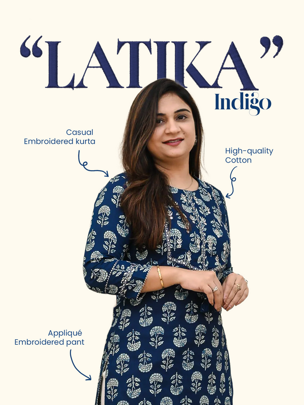 Latika Indigo Cotton Applique Embroidered Casual Pant Set