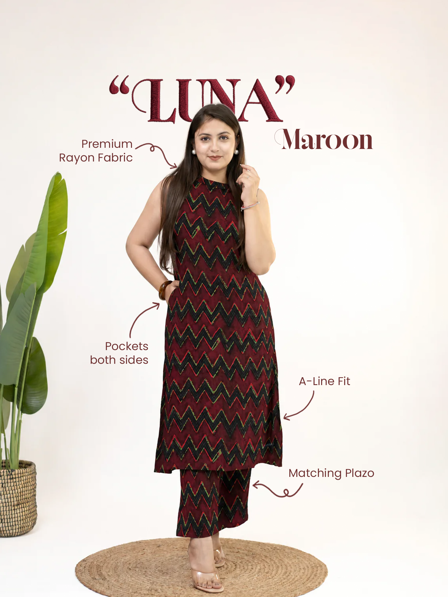 Luna Maroon Zigzag Rayon A-line Coord Set