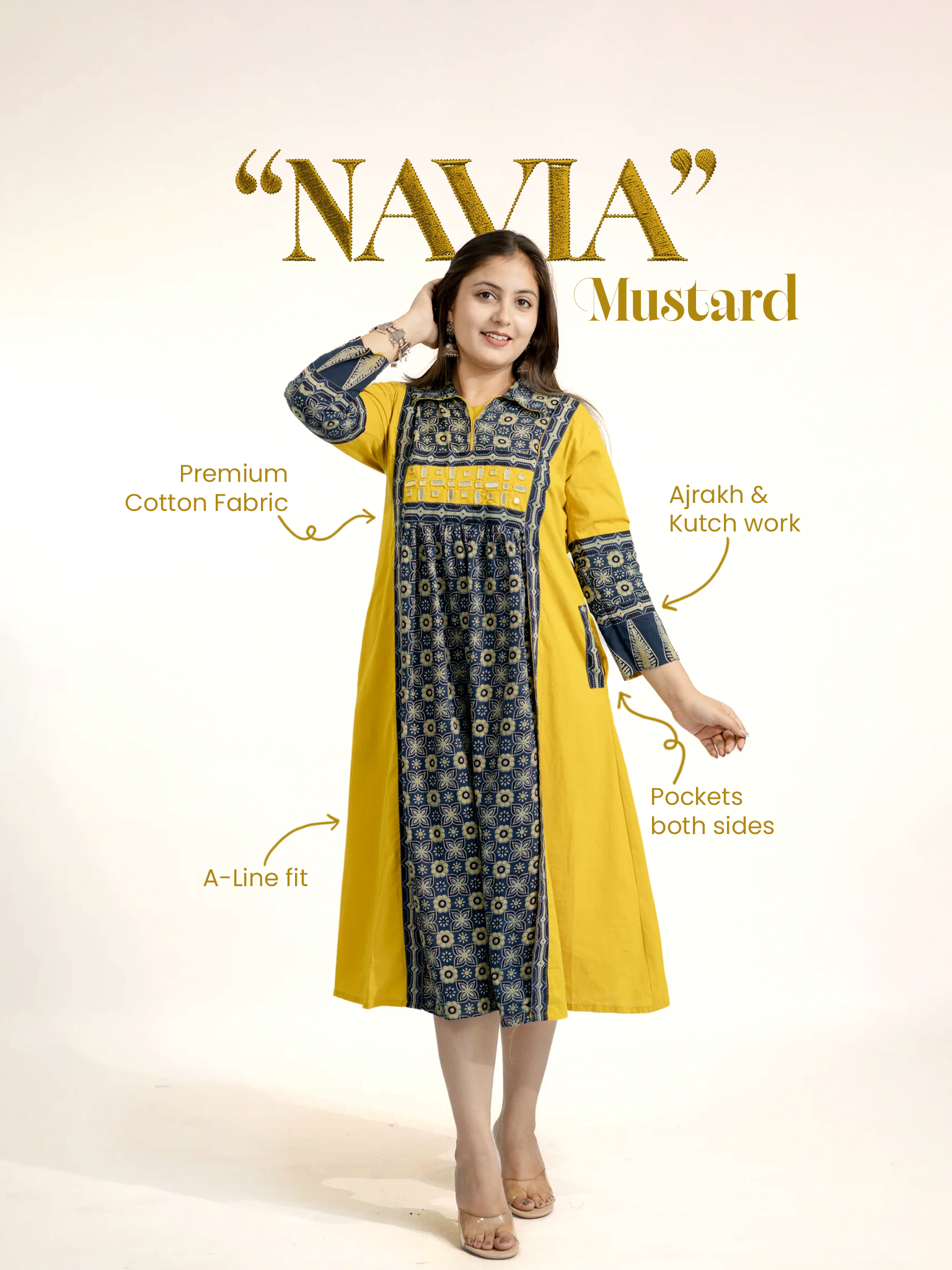 Navia Mustard Cotton Ajrakh Kutch Embroidered A-line Kurta