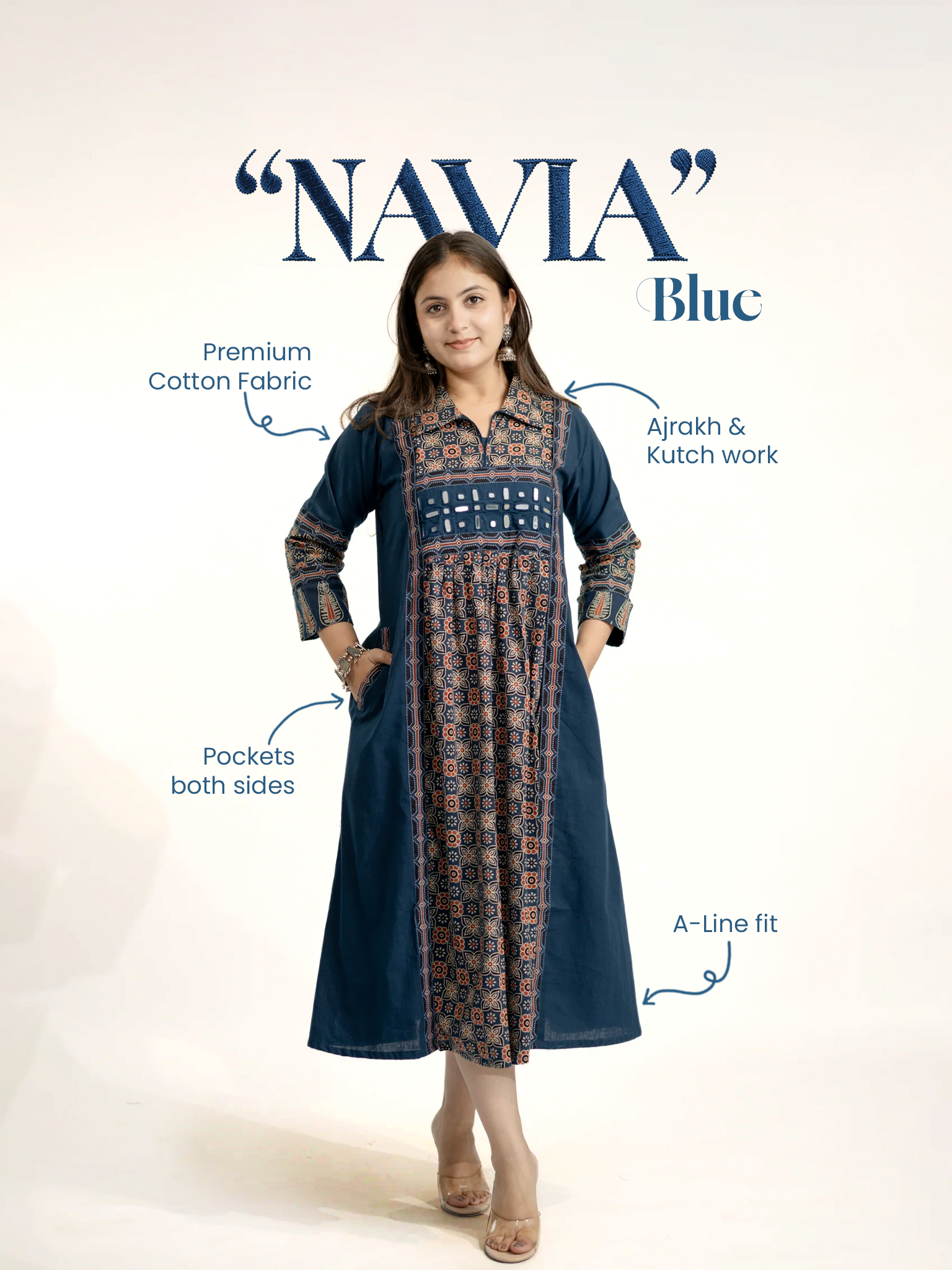 Navia Blue Cotton Ajrakh Kutch Embroidered A-line Kurta