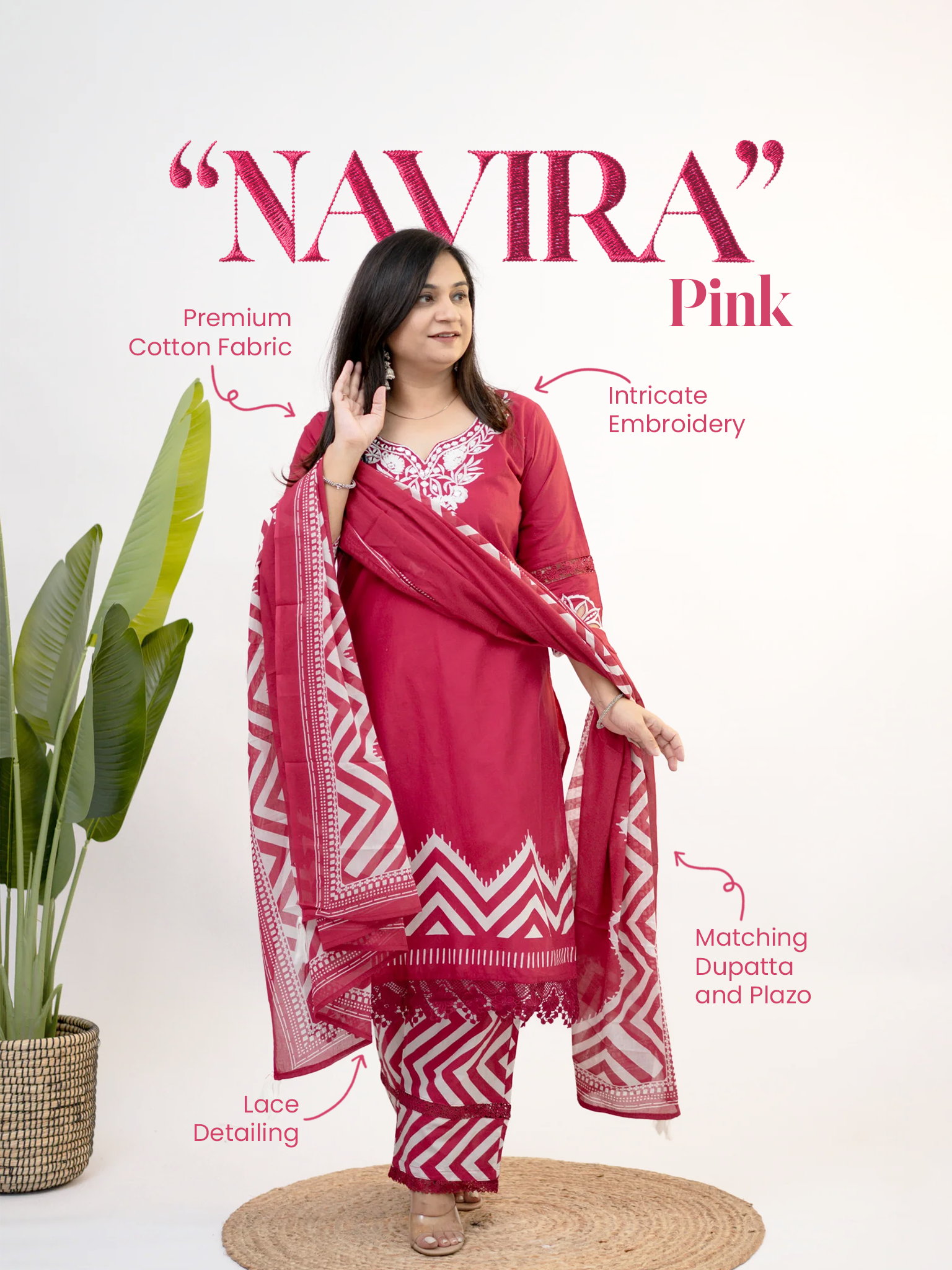 Navira Pink Cotton Embroidered LaceDetailed Dupatta Set