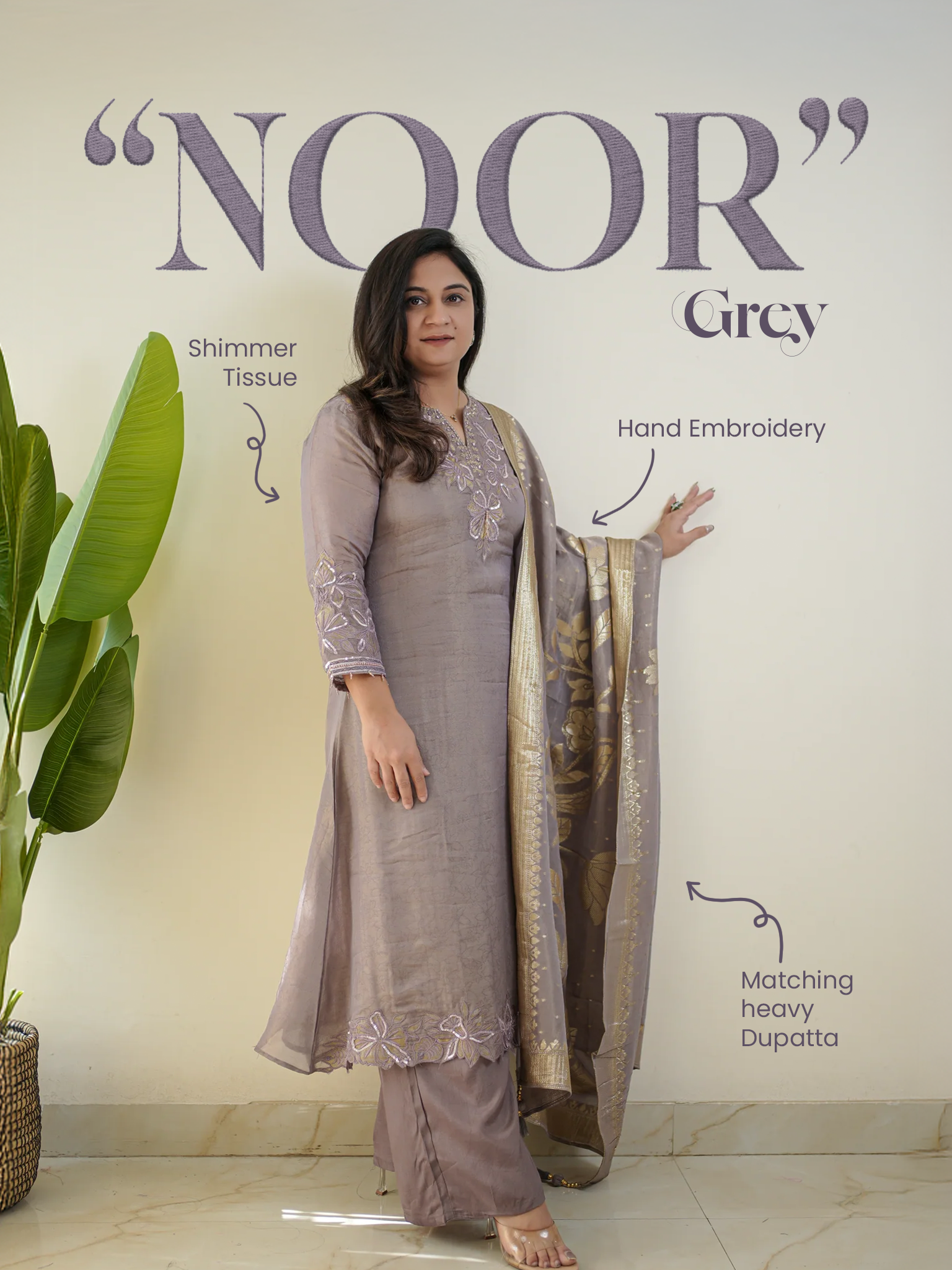 Noor Grey Asymmetric Shimmer Tissue HandEmbroidered Pant Set - The Jaipur Studio
