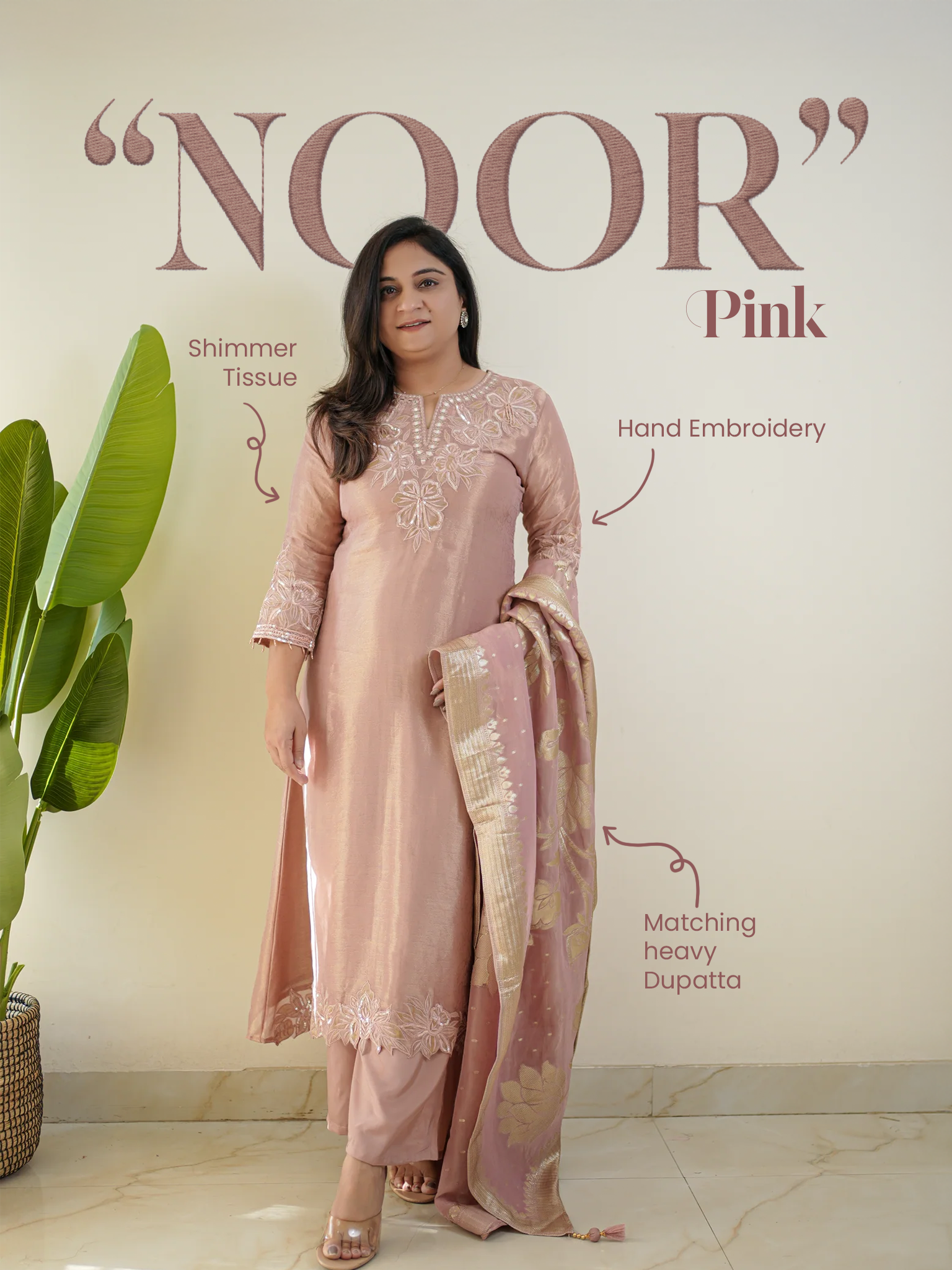 Noor Pink Asymmetric Shimmer Tissue HandEmbroidered Pant Set - The Jaipur Studio