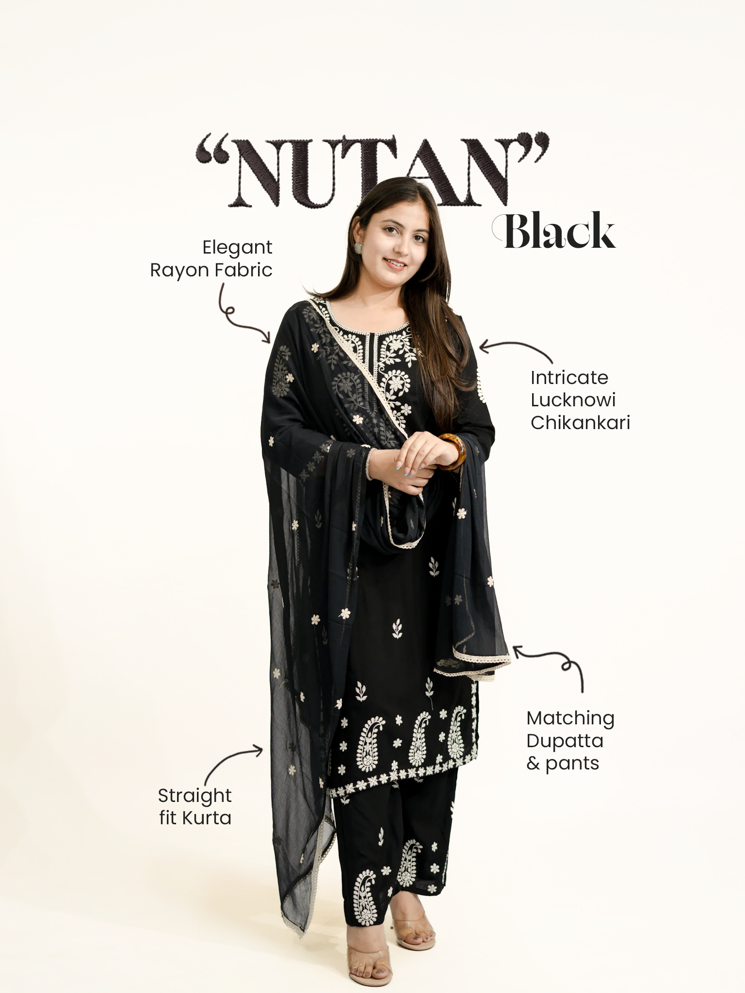 Nutan Black Chikankari Embroidered Dupatta Set