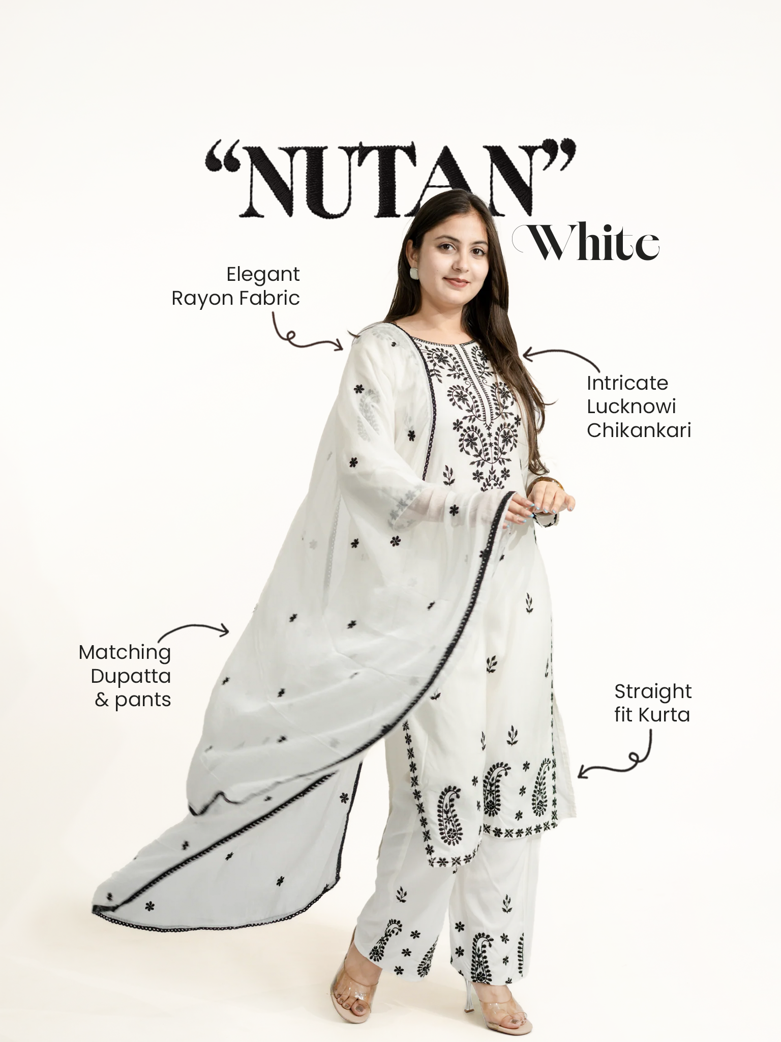 Nutan White Chikankari Embroidered Dupatta Set