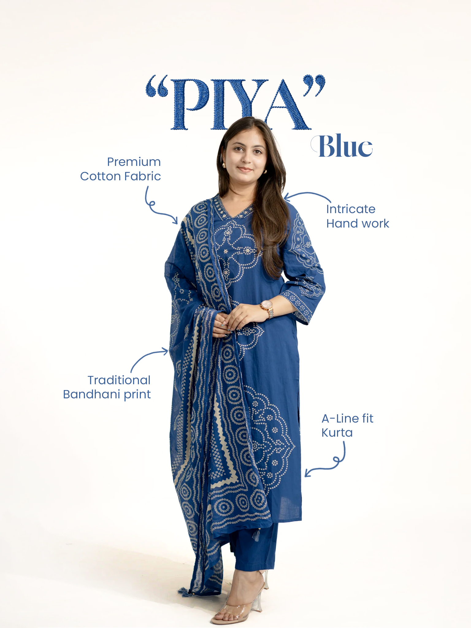 Piya Blue Cotton Bandhani Straight Embroidered Dupatta Set