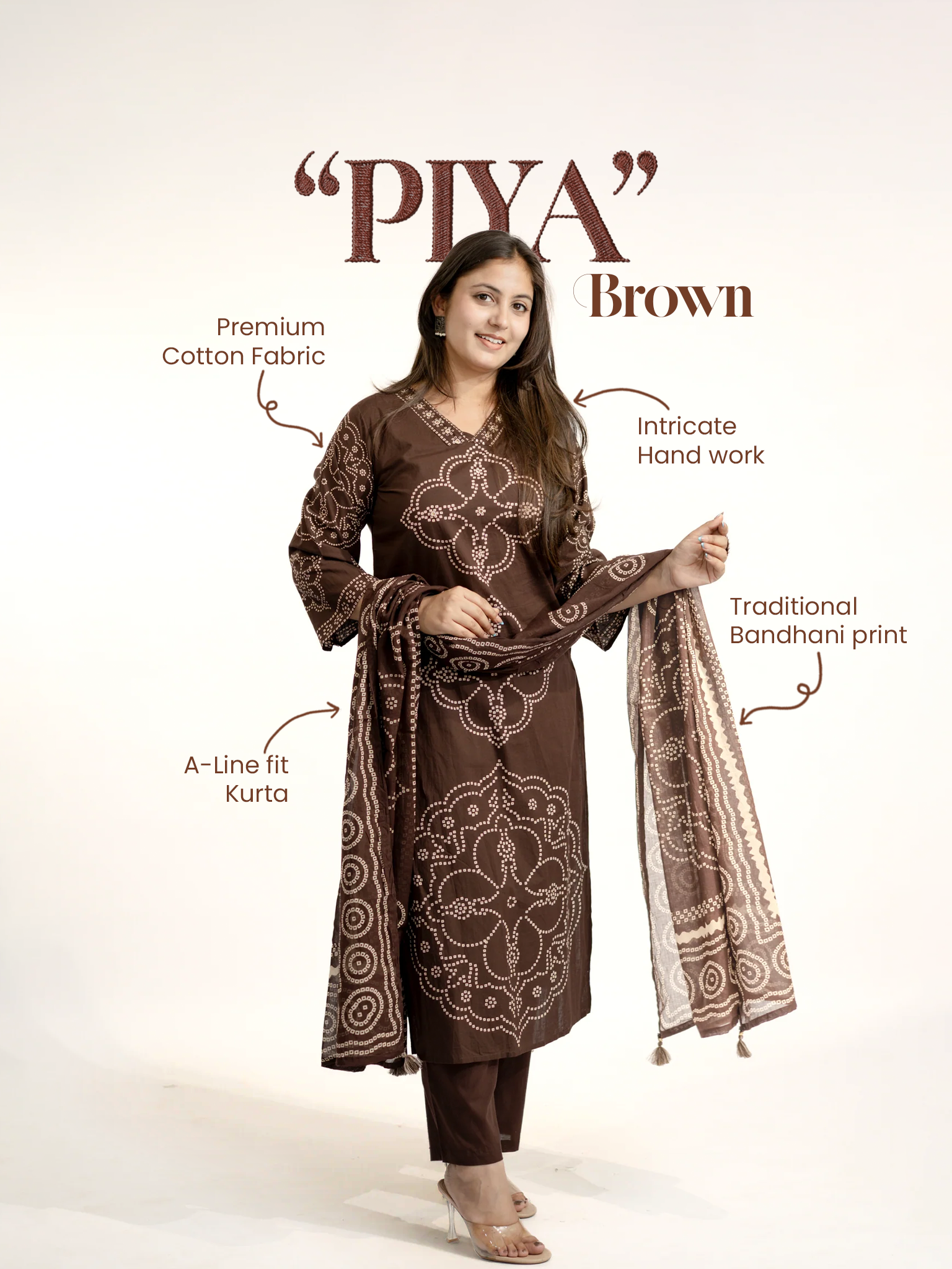 Piya Brown Cotton Bandhani Straight Embroidered Dupatta Set