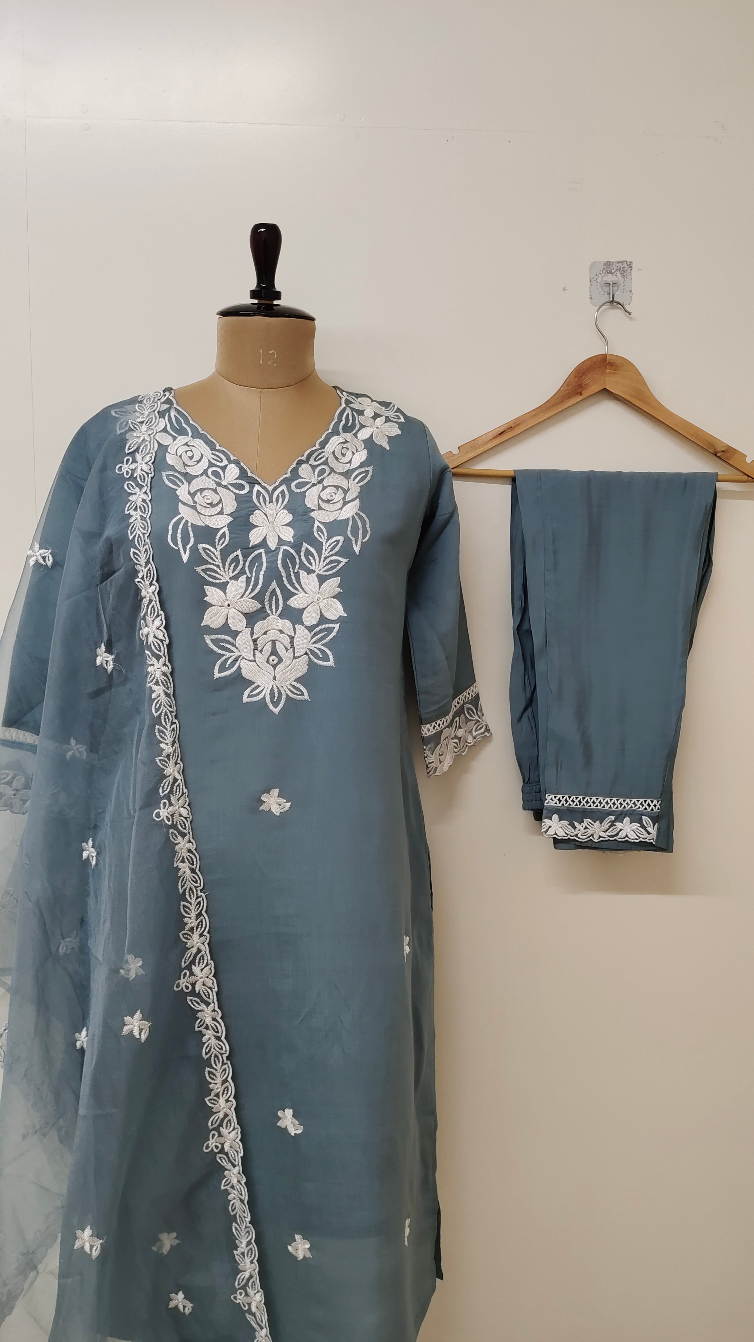 Aria Grey Cotton Embroidered Straight Dupatta Set