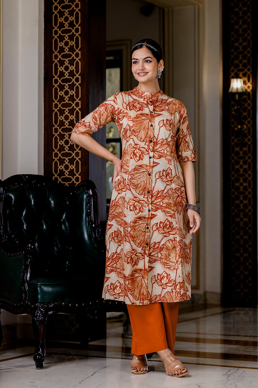 Shnaya Rust Floral Cotton A-line Coord Set