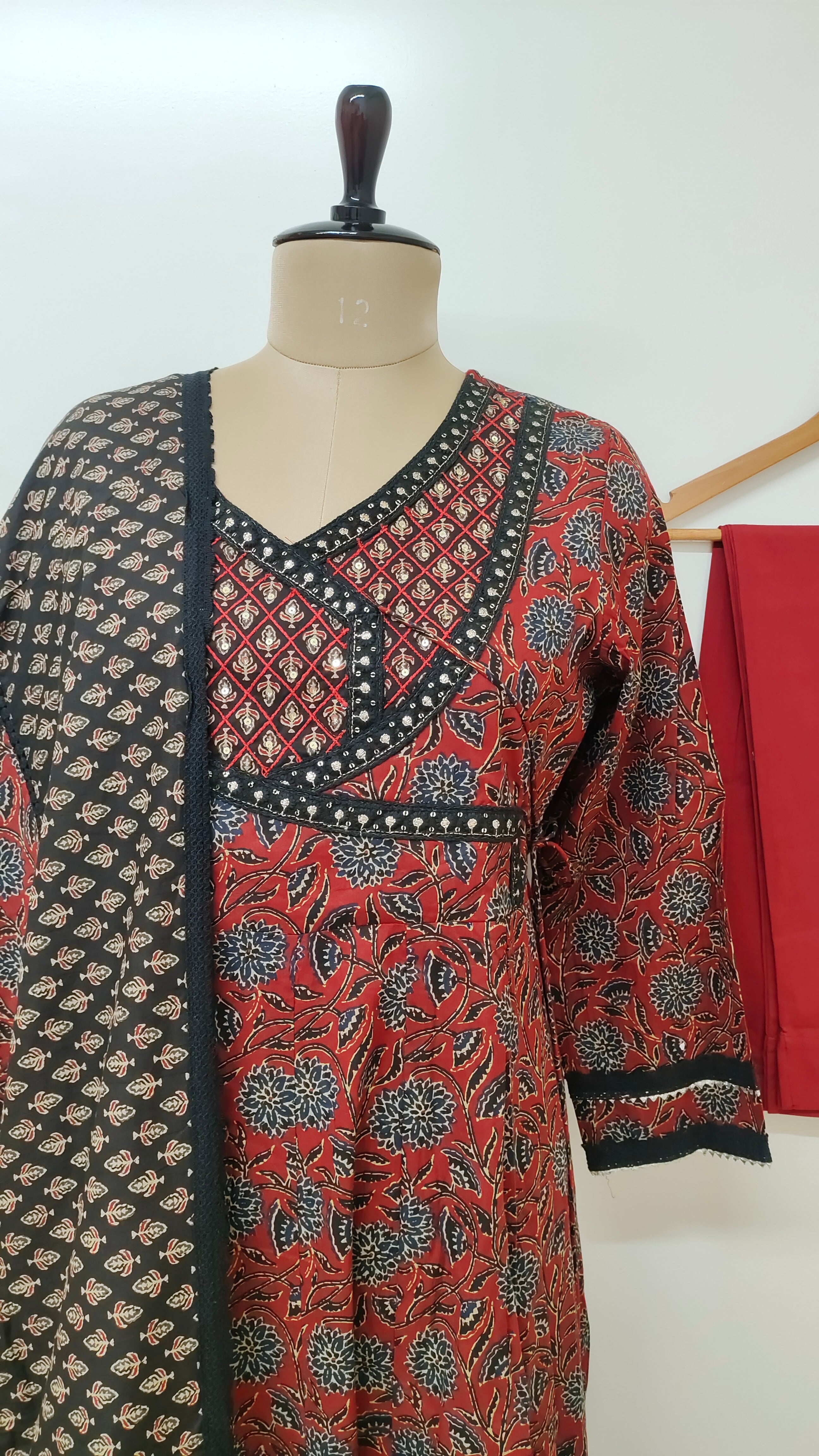 Sukti Red Cotton Angrakha Anarkali Dupatta Set