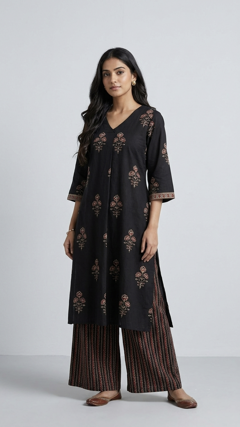 Kush Black Cotton A-line Kurta Set