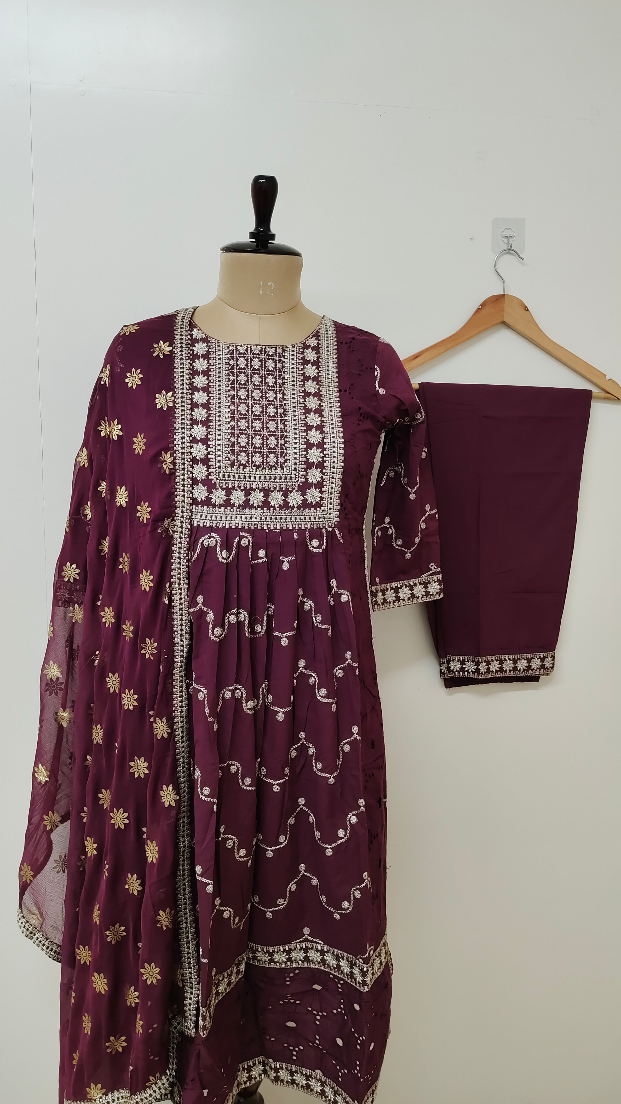 Wine Cotton Sciffili Embroidered Nyra Cut Dupatta Set