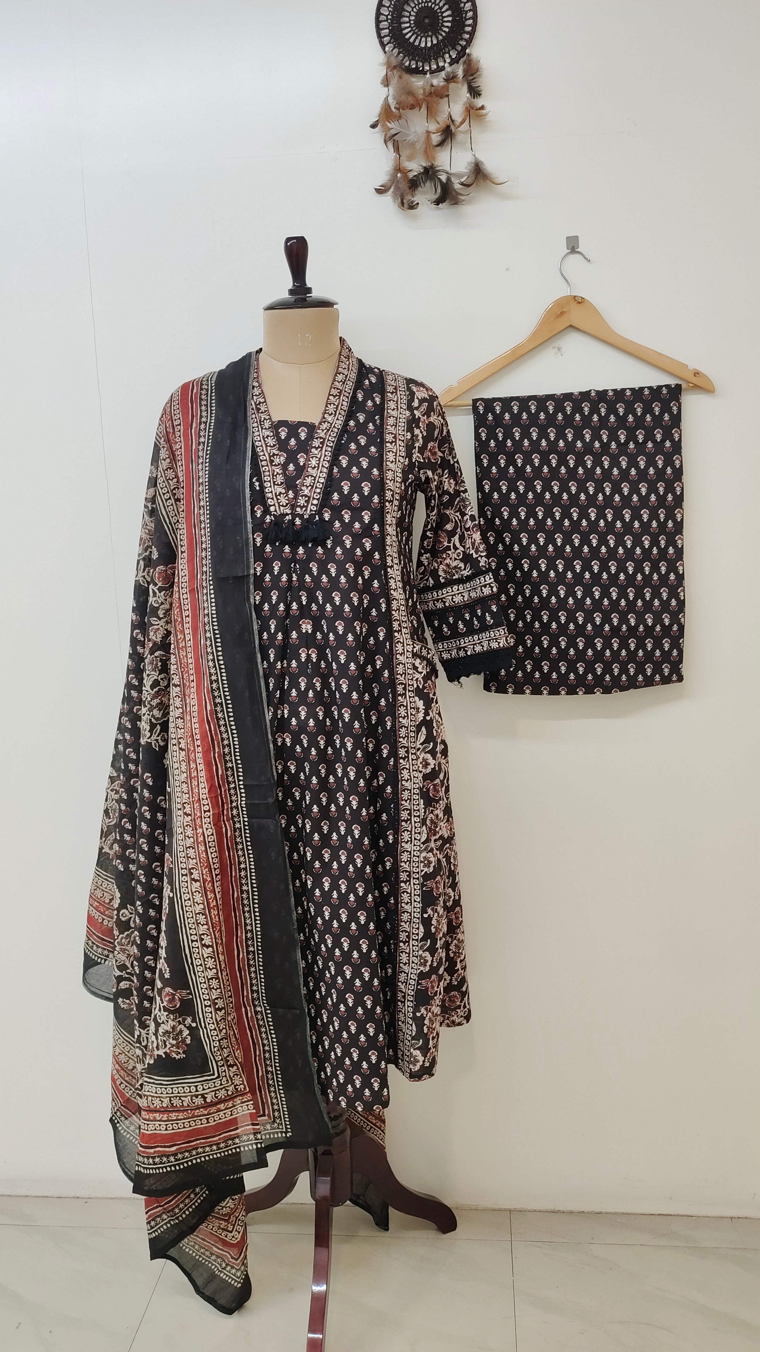Reem Black Cotton Handblock Embroidered A-line Dupatta set