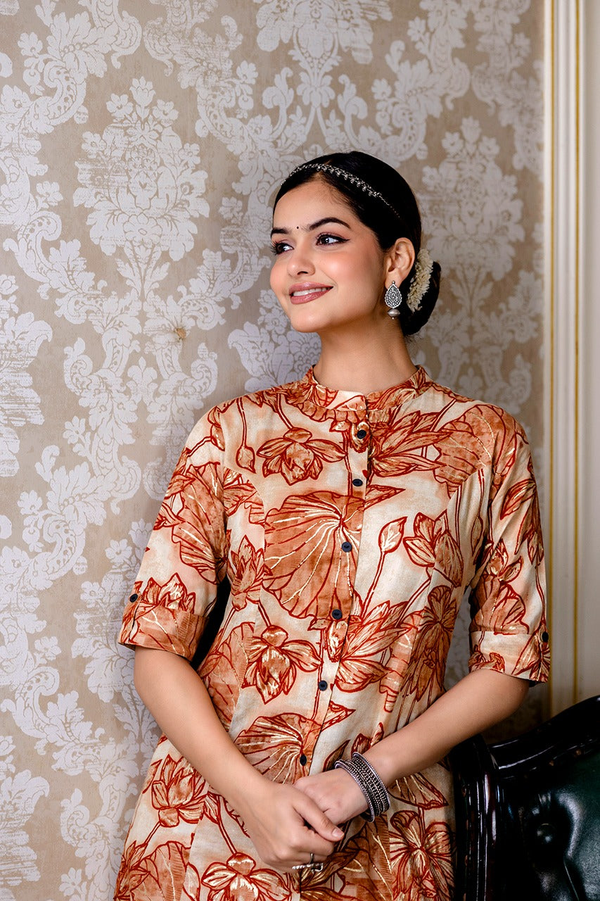 Shnaya Rust Floral Cotton A-line Coord Set