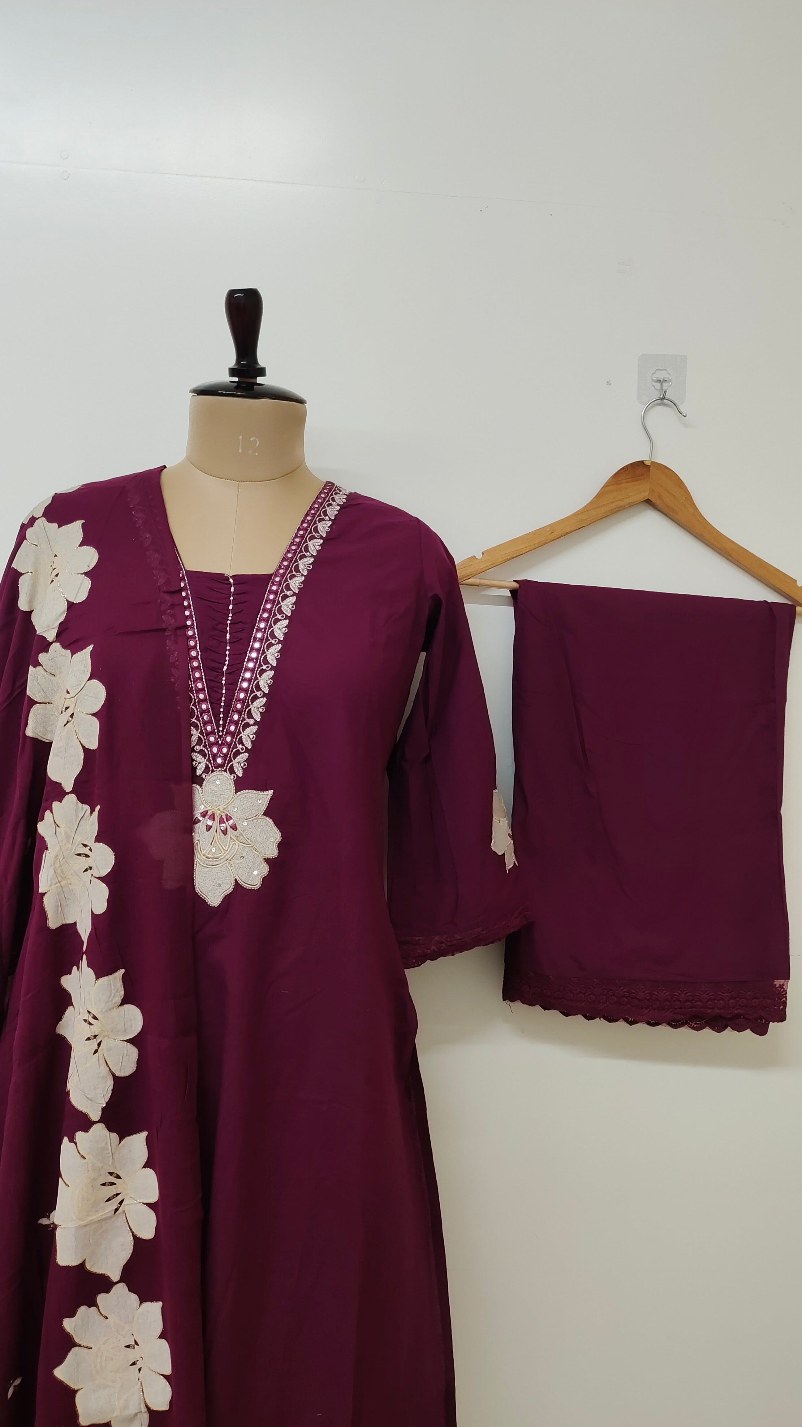 Naira Wine Cotton Cutwork Embroidered Dupatta Set