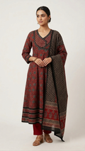 Sukti Red Cotton Angrakha Anarkali Dupatta Set