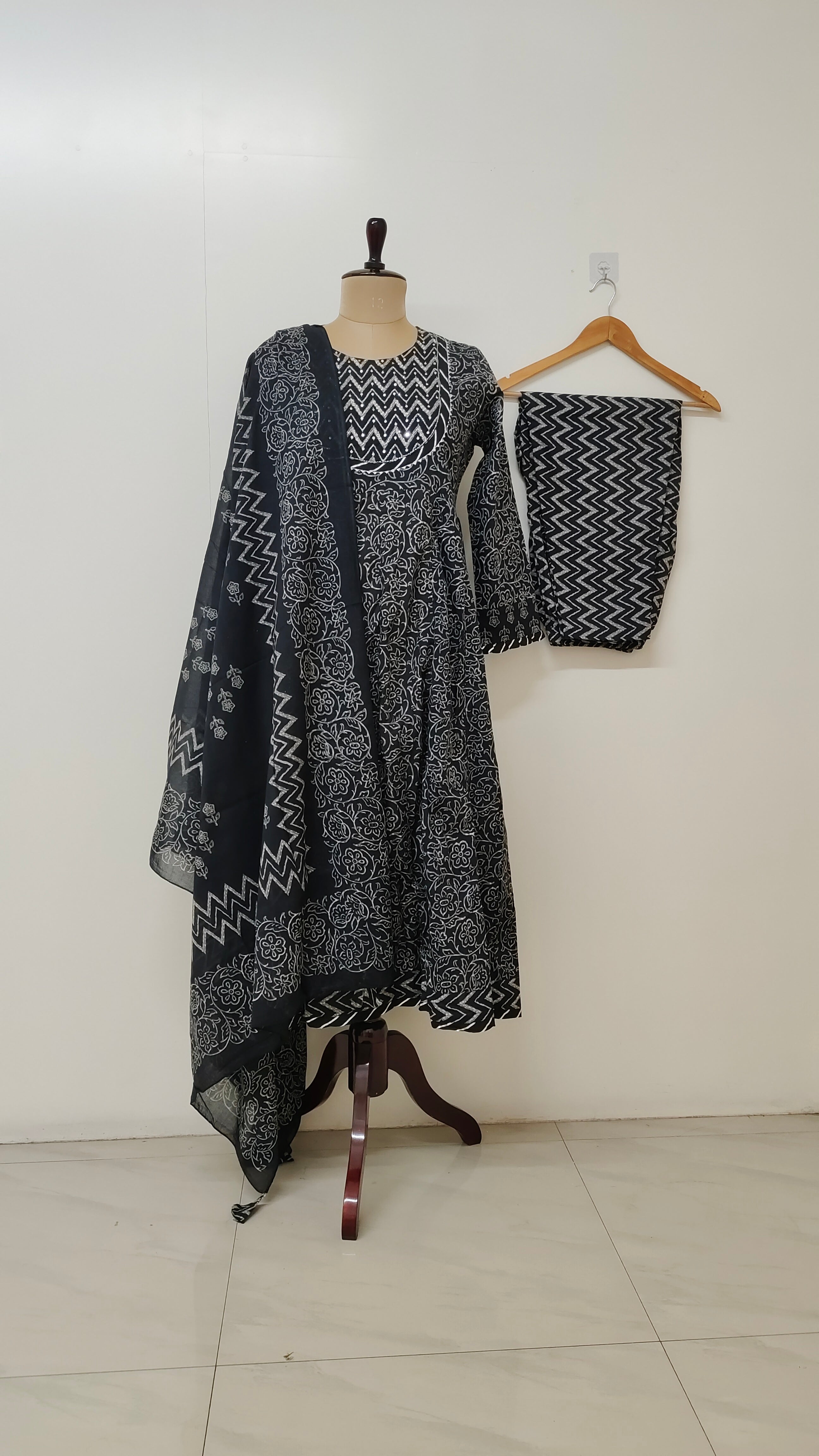 Avanti Black Cotton Embroidered Anarkali Dupatta Set