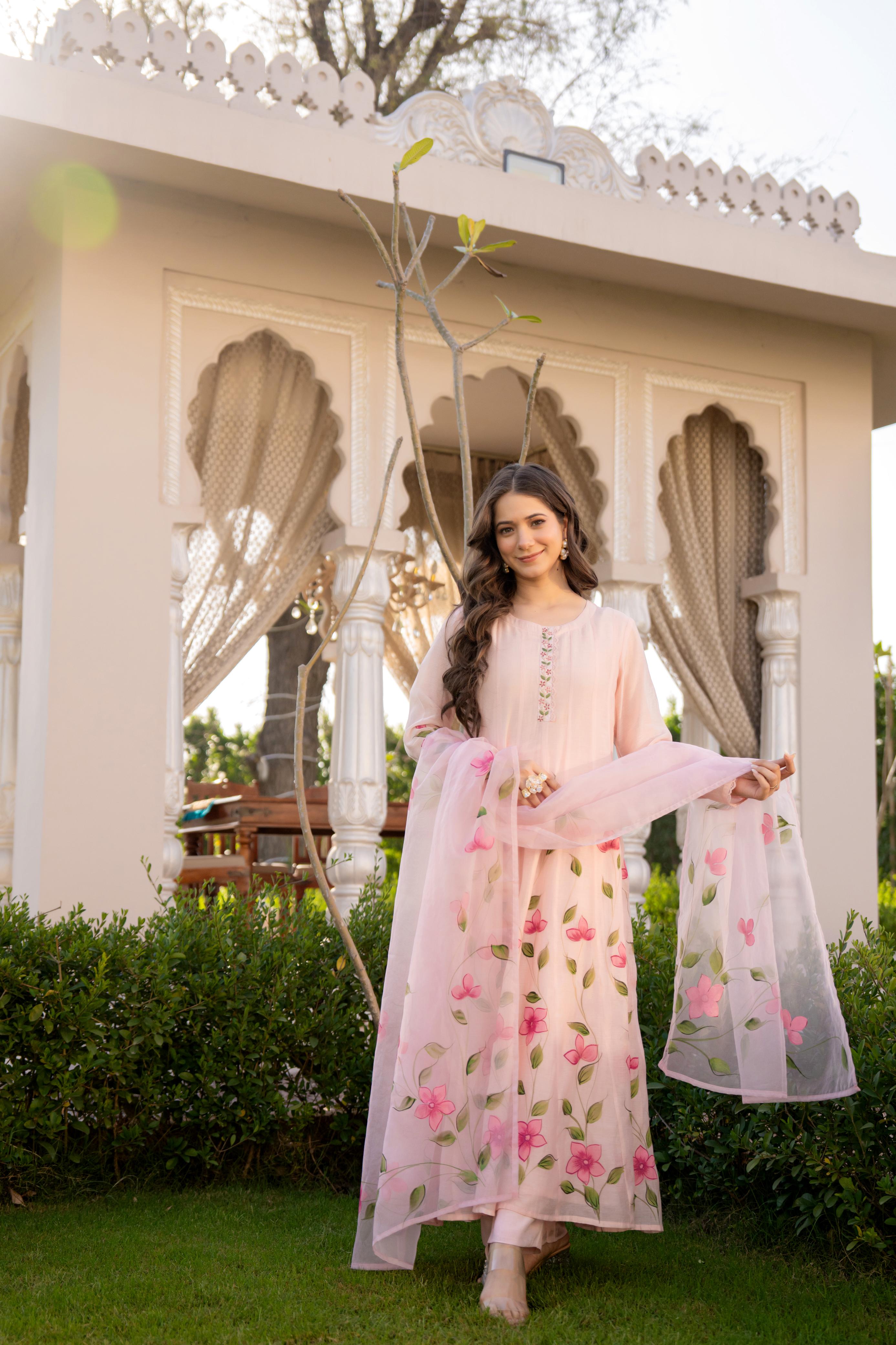 Zola Mul Chanderi HandPainted Anarkali Set - The Jaipur Studio