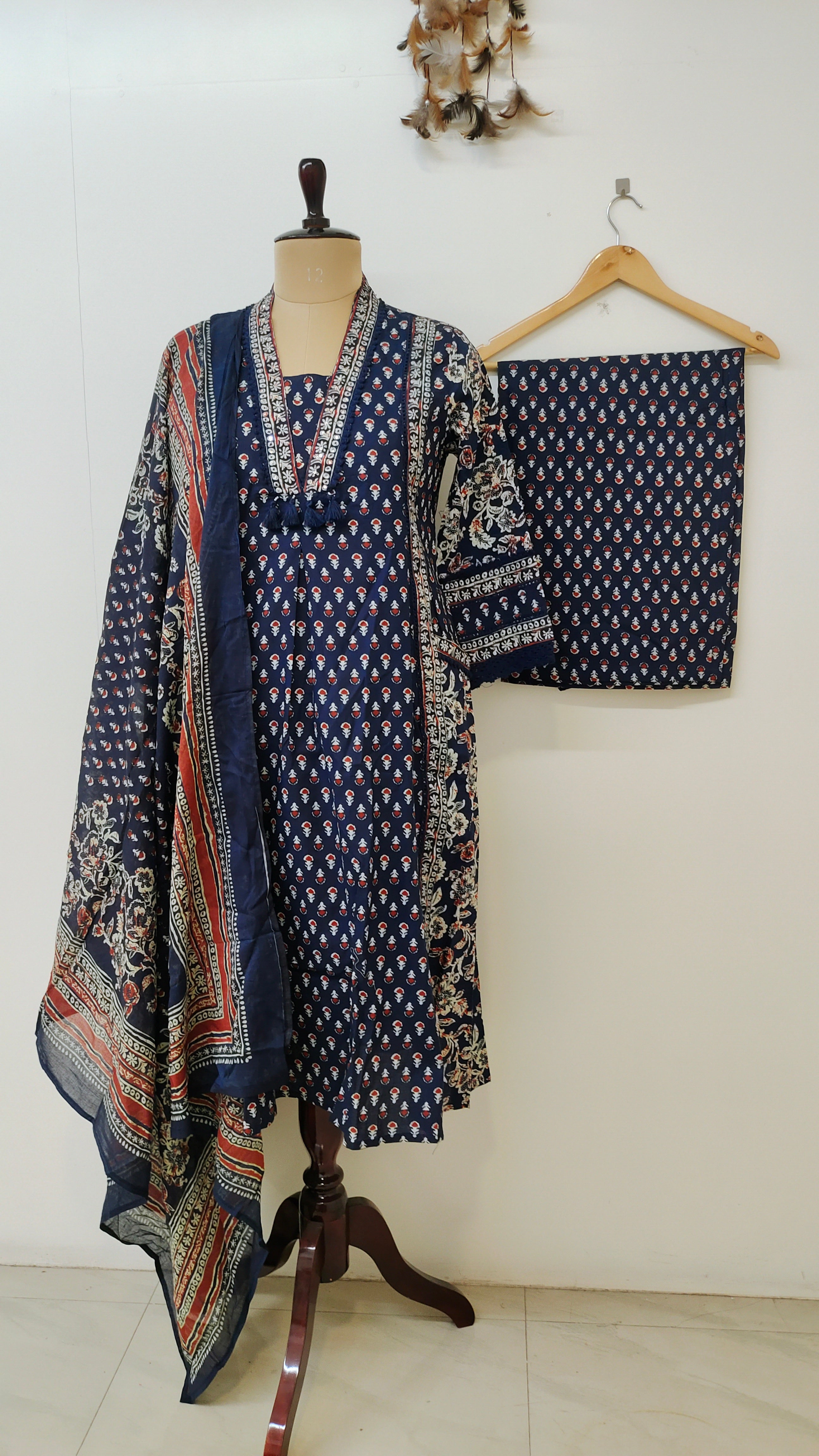 Reem Blue Cotton Handblock Embroidered A-line Dupatta set