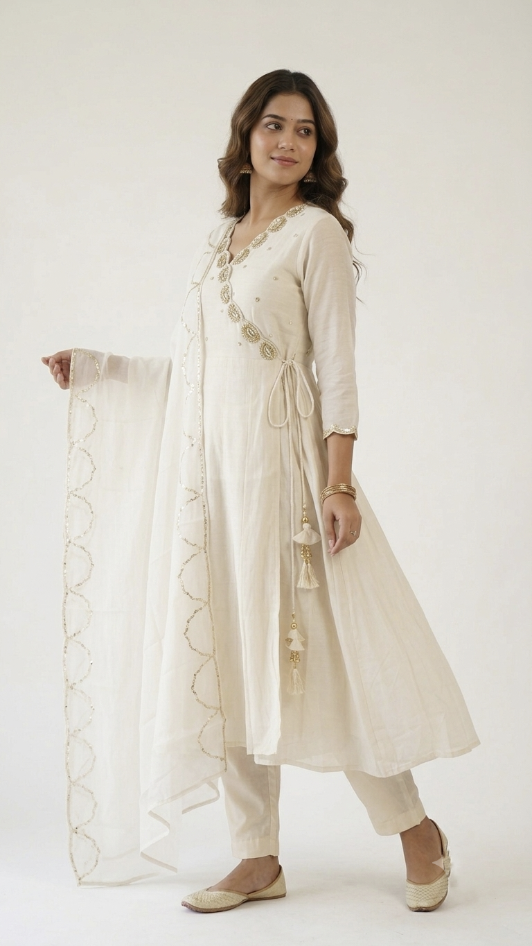 Swara Cream Mul Chanderi Angrakha Dupatta Set
