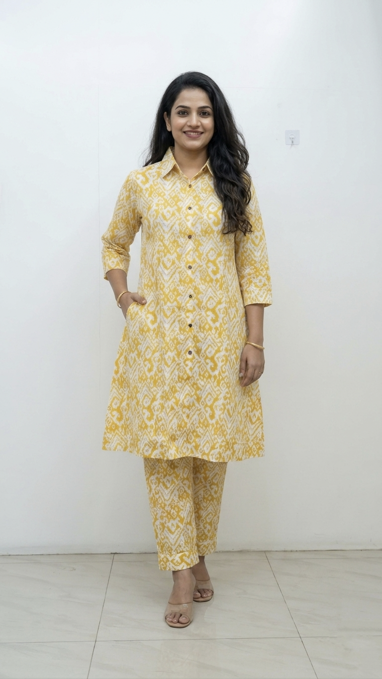 Deepika Yellow Ikkat Cotton A-line Coord Set
