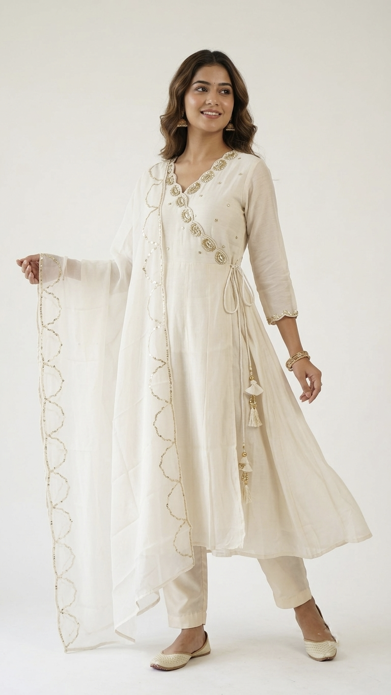 Swara Cream Mul Chanderi Angrakha Dupatta Set