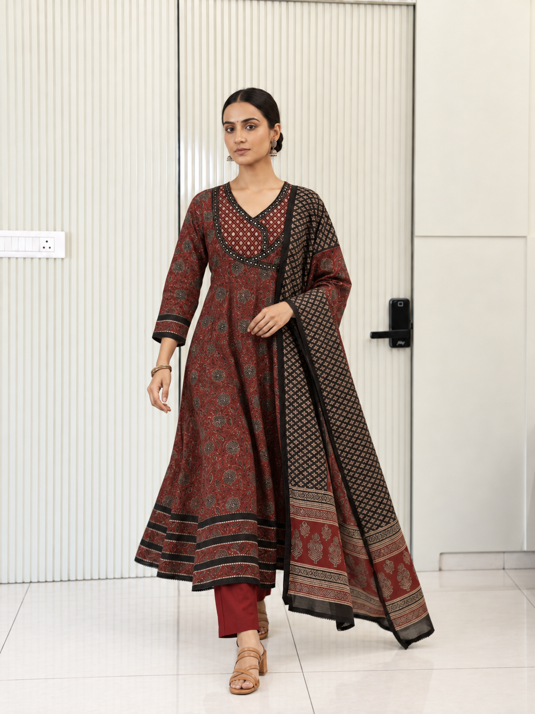 Sukti Red Cotton Angrakha Anarkali Dupatta Set