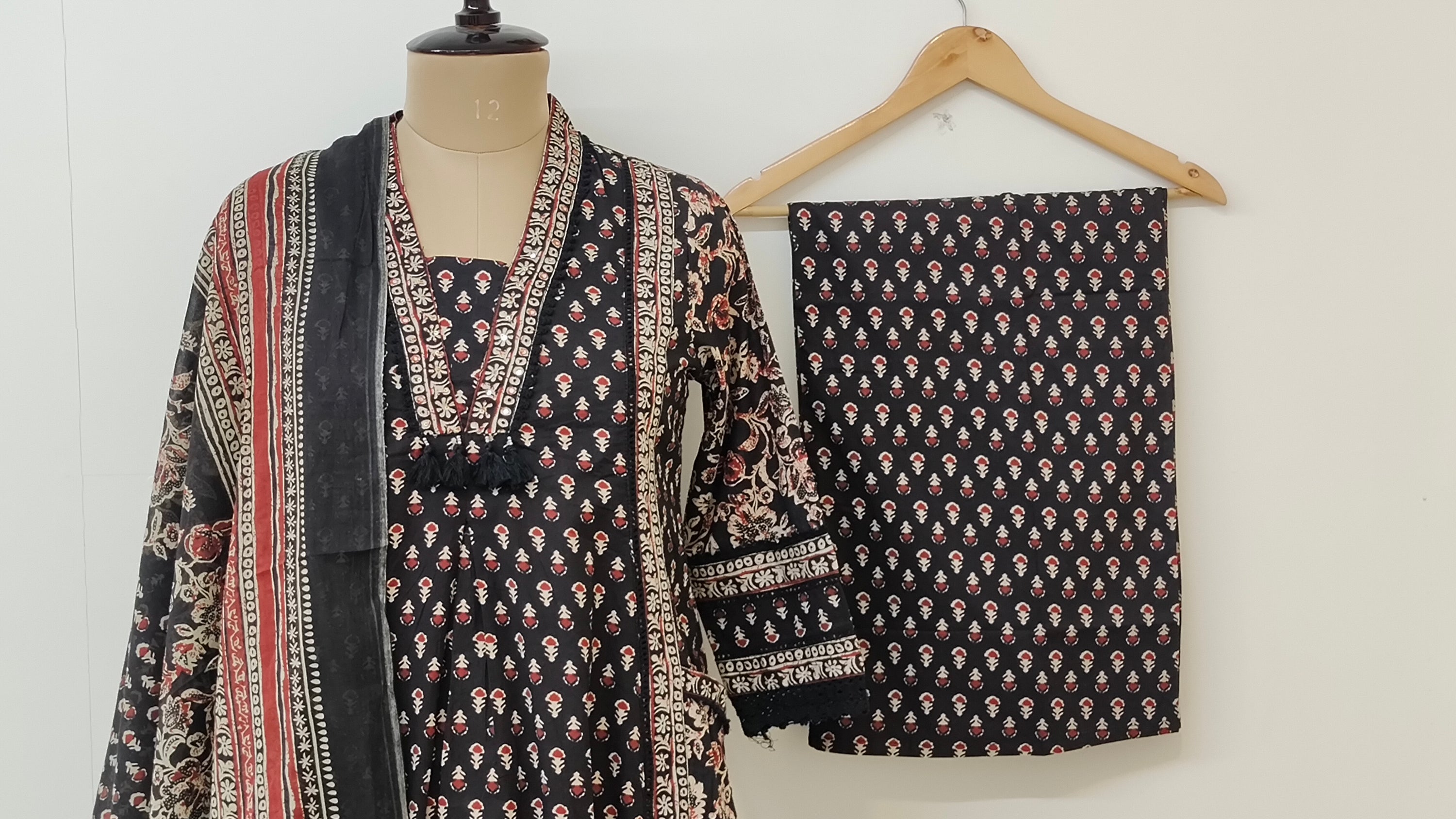 Reem Black Cotton Handblock Embroidered A-line Dupatta set