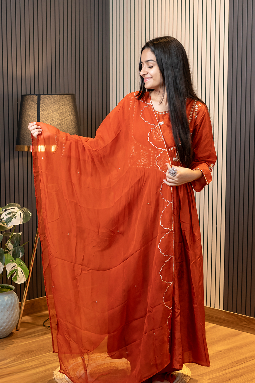 Taara Rust Silk Zari Embroidered Anarkali Set - The Jaipur Studio