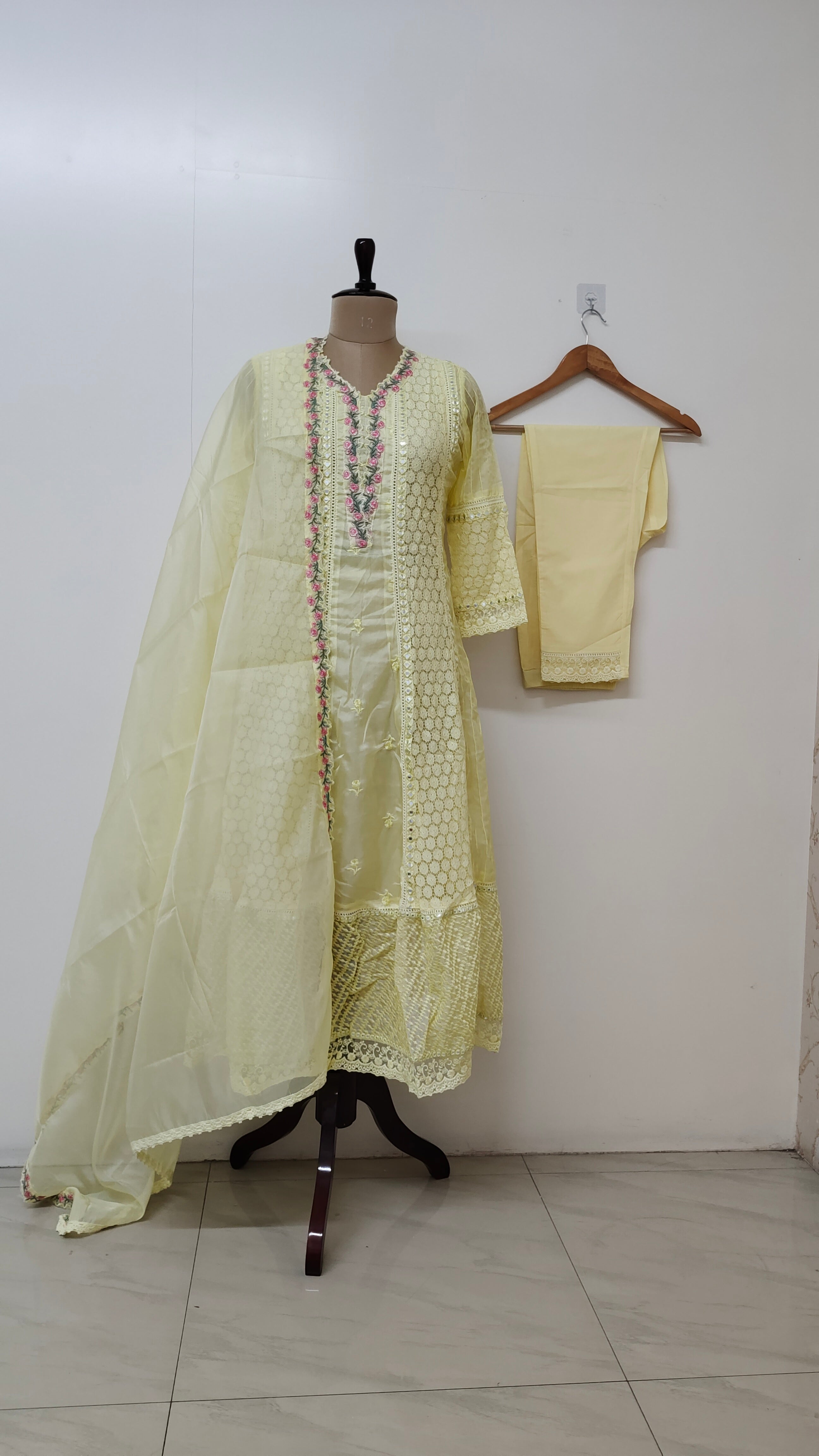 Pastel Yellow Lace Detail Chikankari Anarkali Set