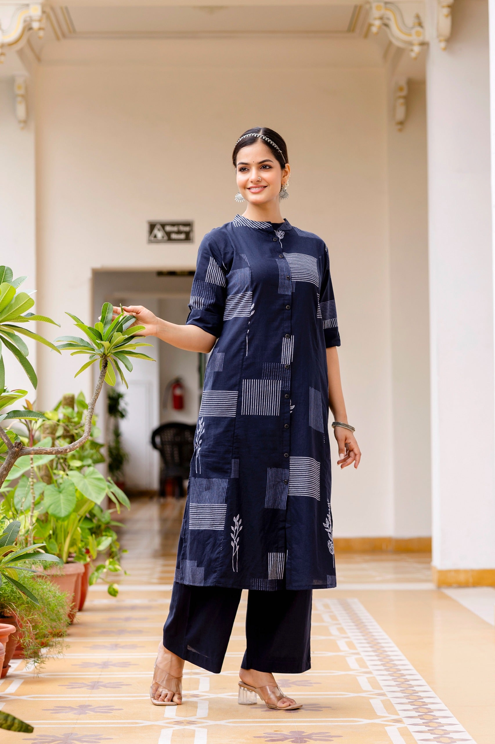 Navy Blue Cotton A-line Coord Set
