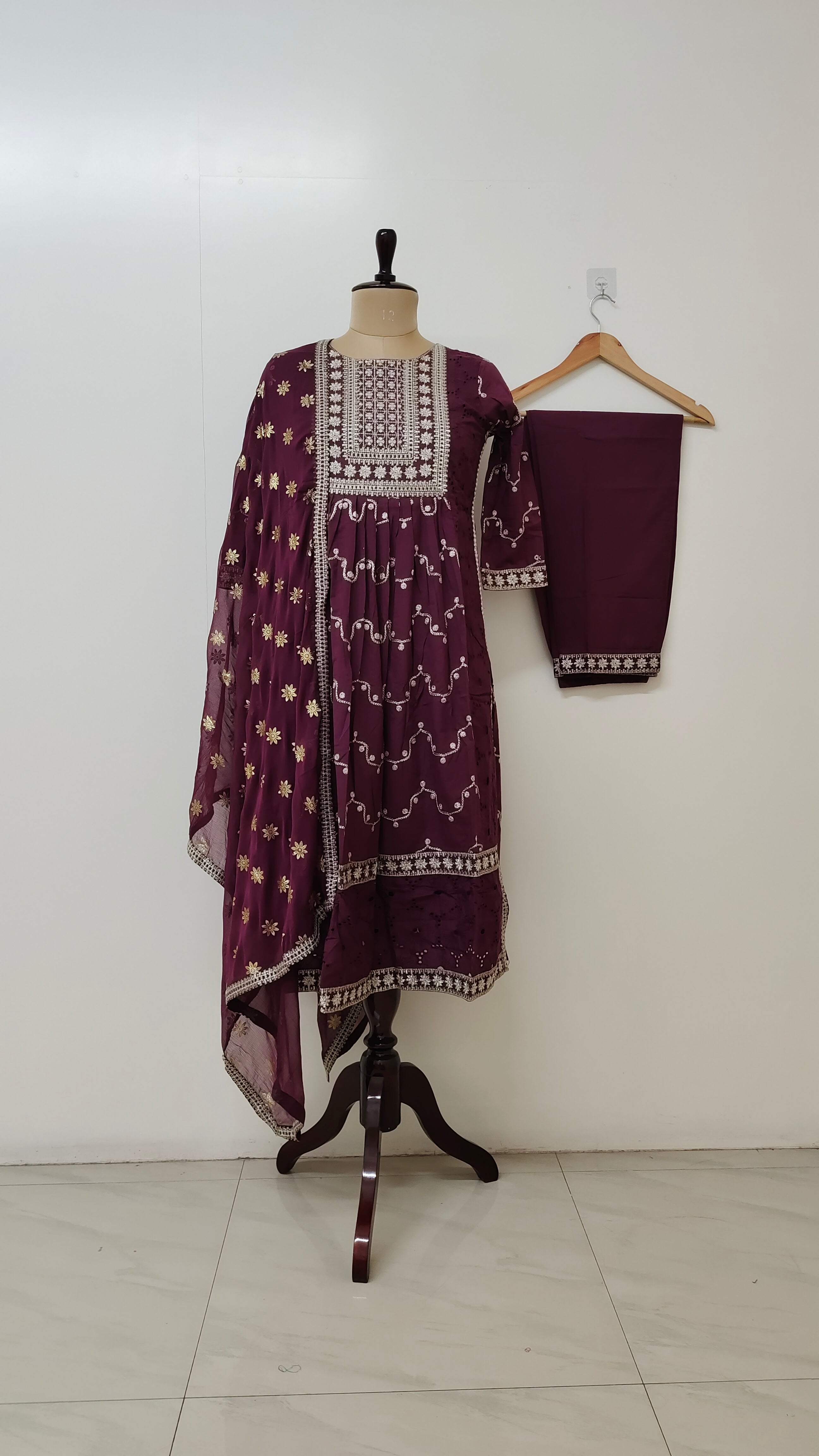 Wine Cotton Sciffili Embroidered Nyra Cut Dupatta Set