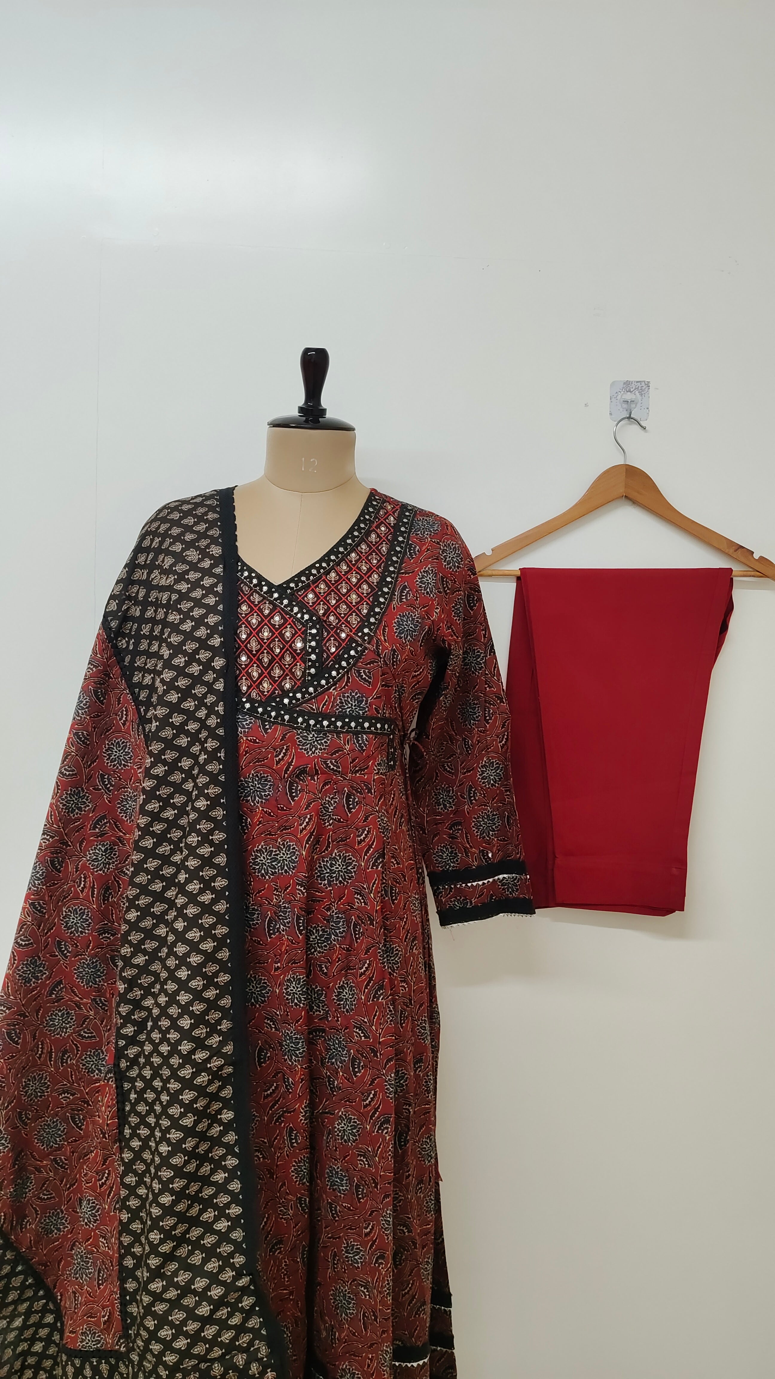 Sukti Red Cotton Angrakha Anarkali Dupatta Set