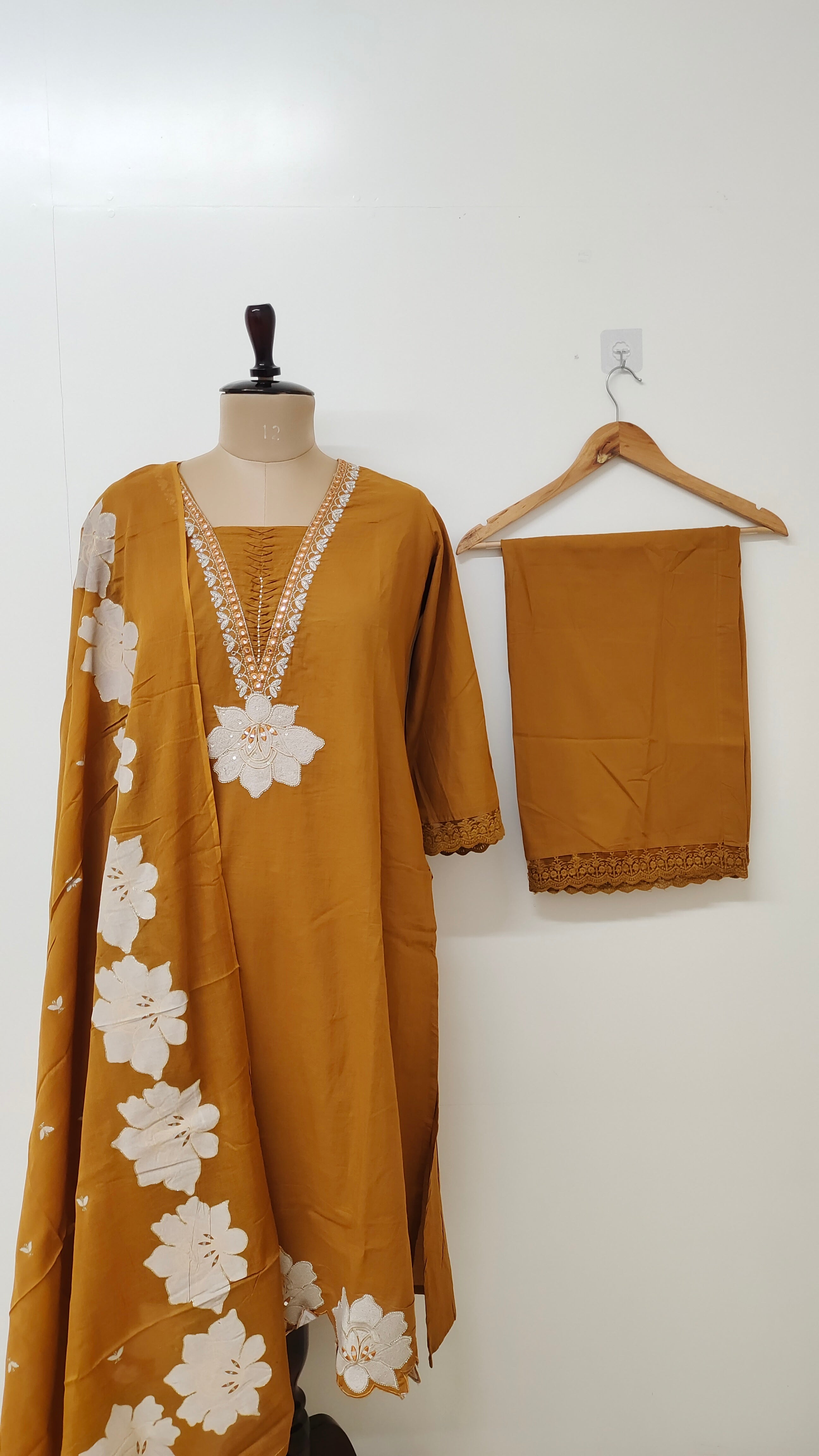 Naira Mustard Cotton Cutwork Embroidered Dupatta Set