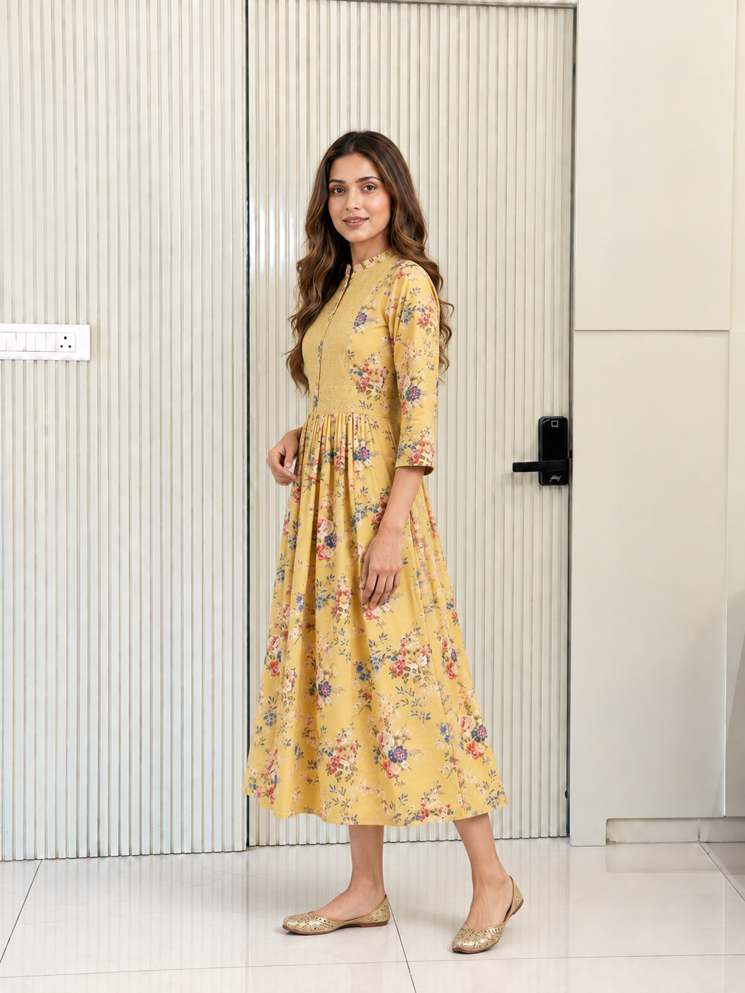 Asma Yellow Cotton Embroidered A-line Kurta