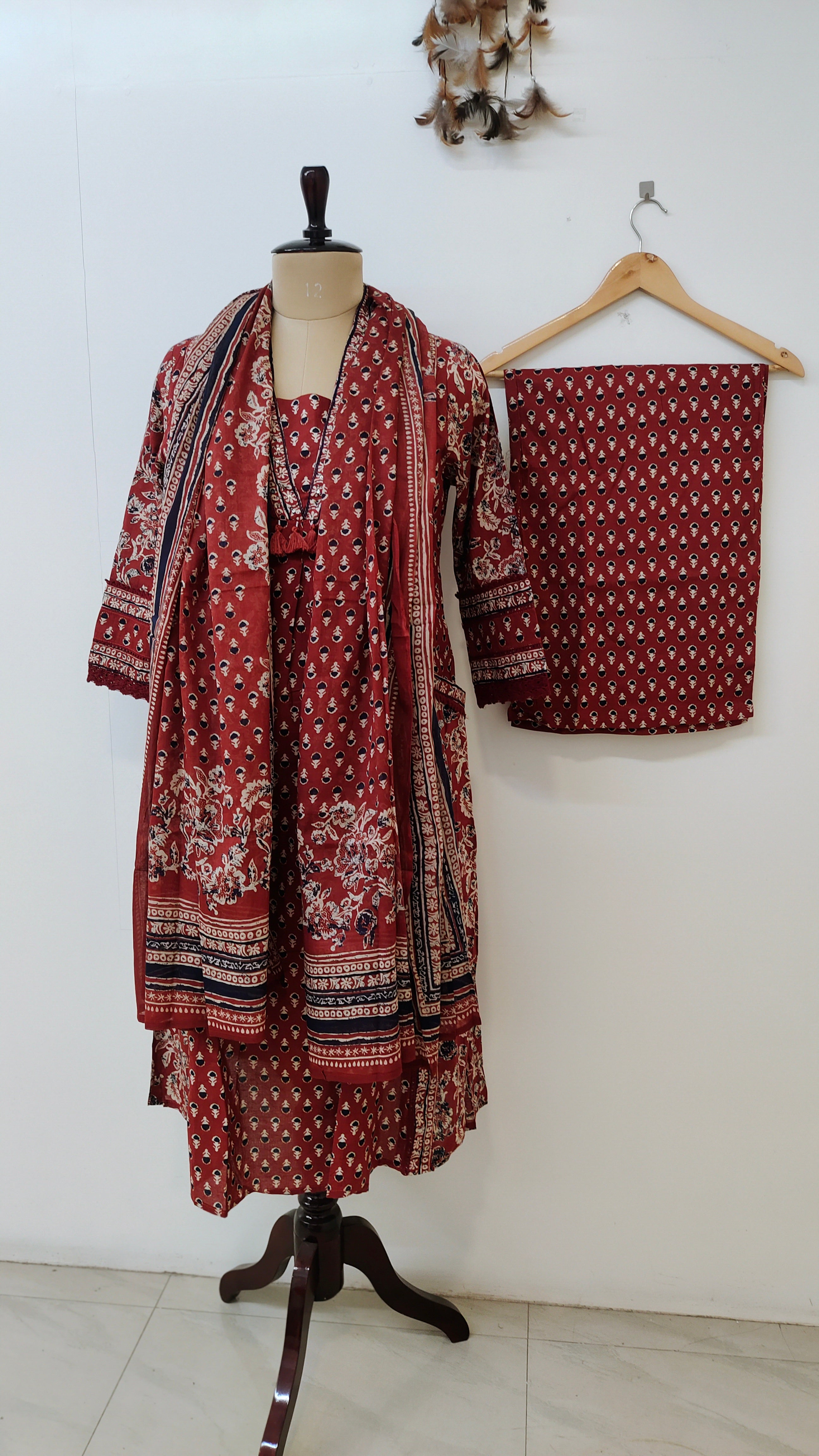 Reem Red Cotton Handblock Embroidered A-line Dupatta set