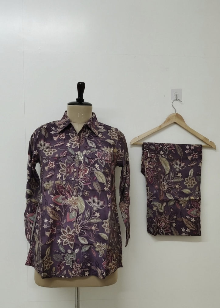 Wine Muslin Floral Printed Coord Set