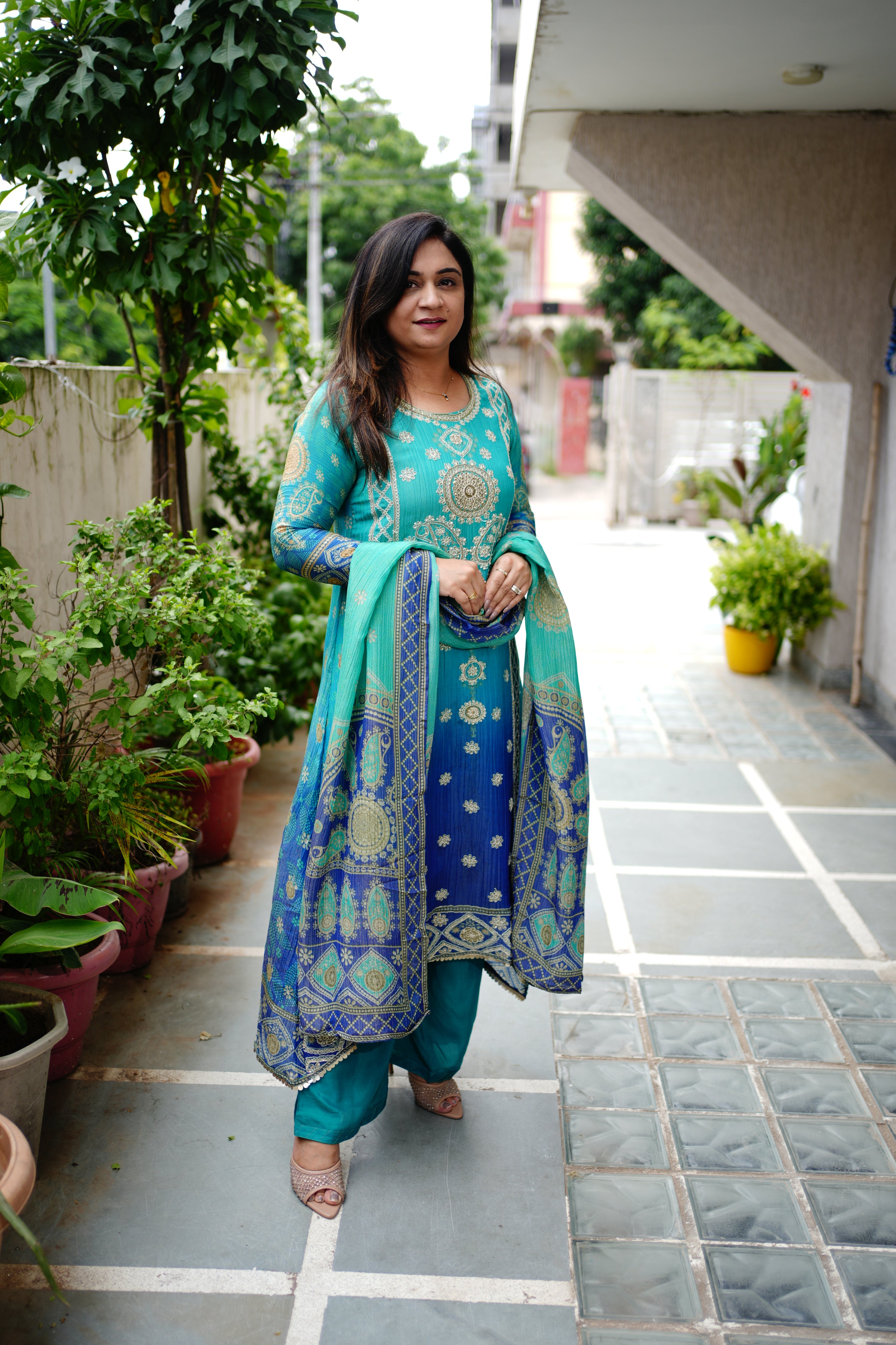 Aaliya Asymmetric Shimmer Tissue  Embroidered Pant Set